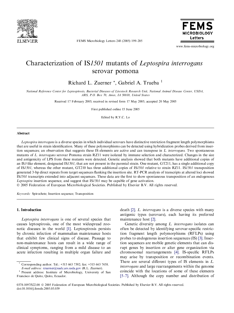 Characterization of IS1501 mutants of Leptospira interrogans serovar pomona