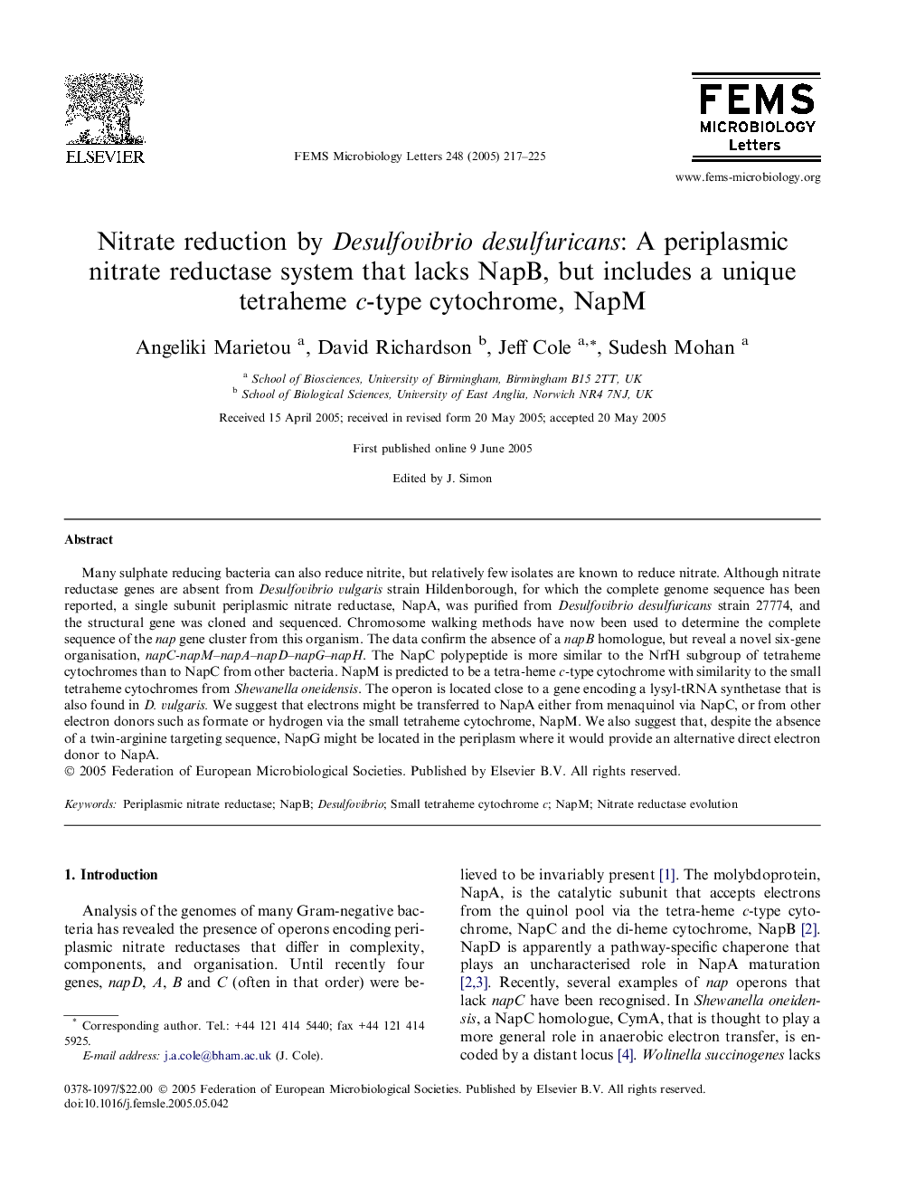 Nitrate reduction by Desulfovibrio desulfuricans: A periplasmic nitrate reductase system that lacks NapB, but includes a unique tetraheme c-type cytochrome, NapM
