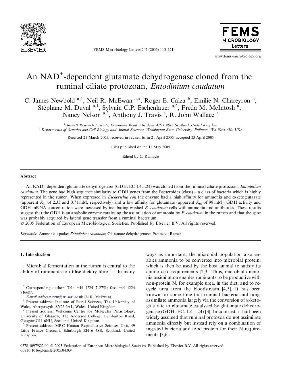 An NAD+-dependent glutamate dehydrogenase cloned from the ruminal ciliate protozoan, Entodinium caudatum