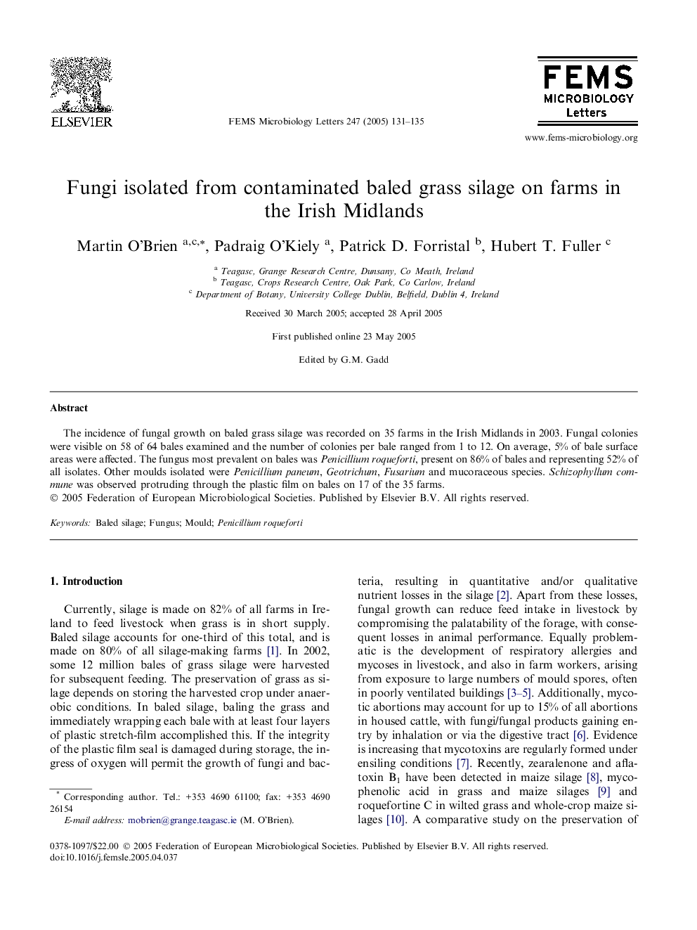 Fungi isolated from contaminated baled grass silage on farms in the Irish Midlands