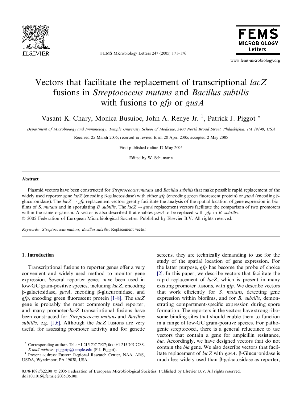 Vectors that facilitate the replacement of transcriptional lacZ fusions in Streptococcus mutans and Bacillus subtilis with fusions to gfp or gusA