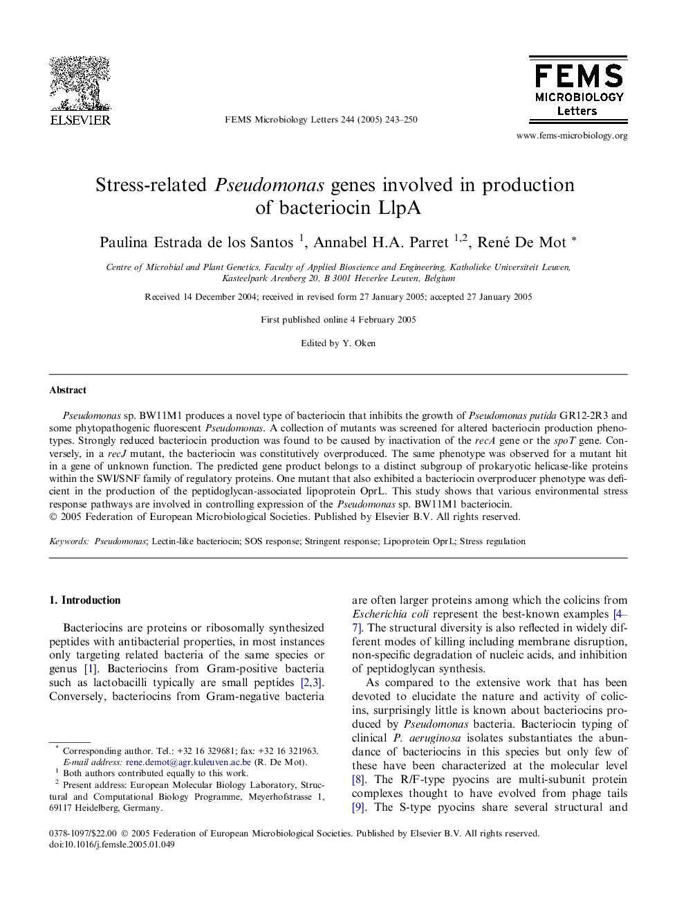 Stress-related Pseudomonas genes involved in production of bacteriocin LlpA