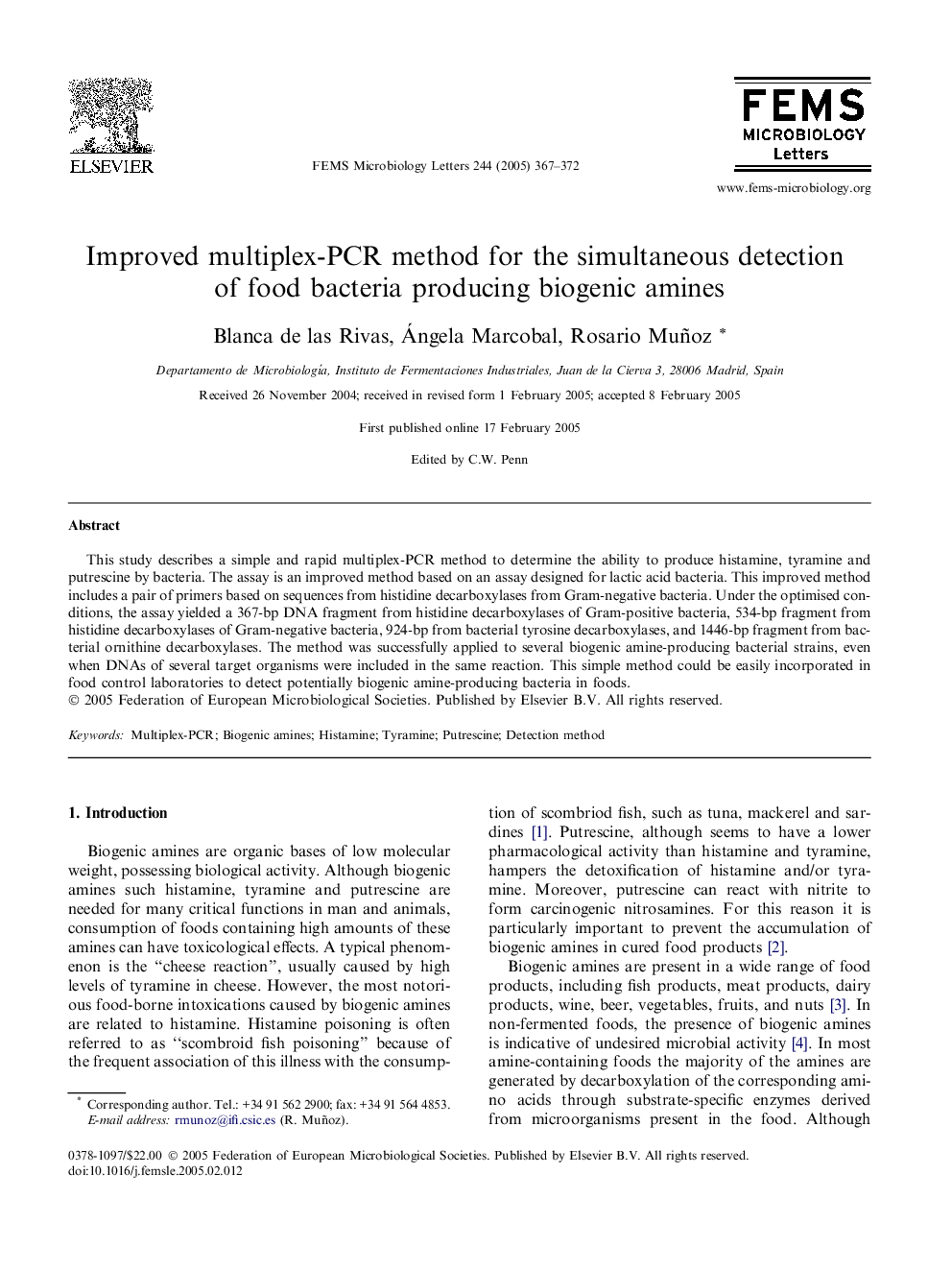 Improved multiplex-PCR method for the simultaneous detection of food bacteria producing biogenic amines