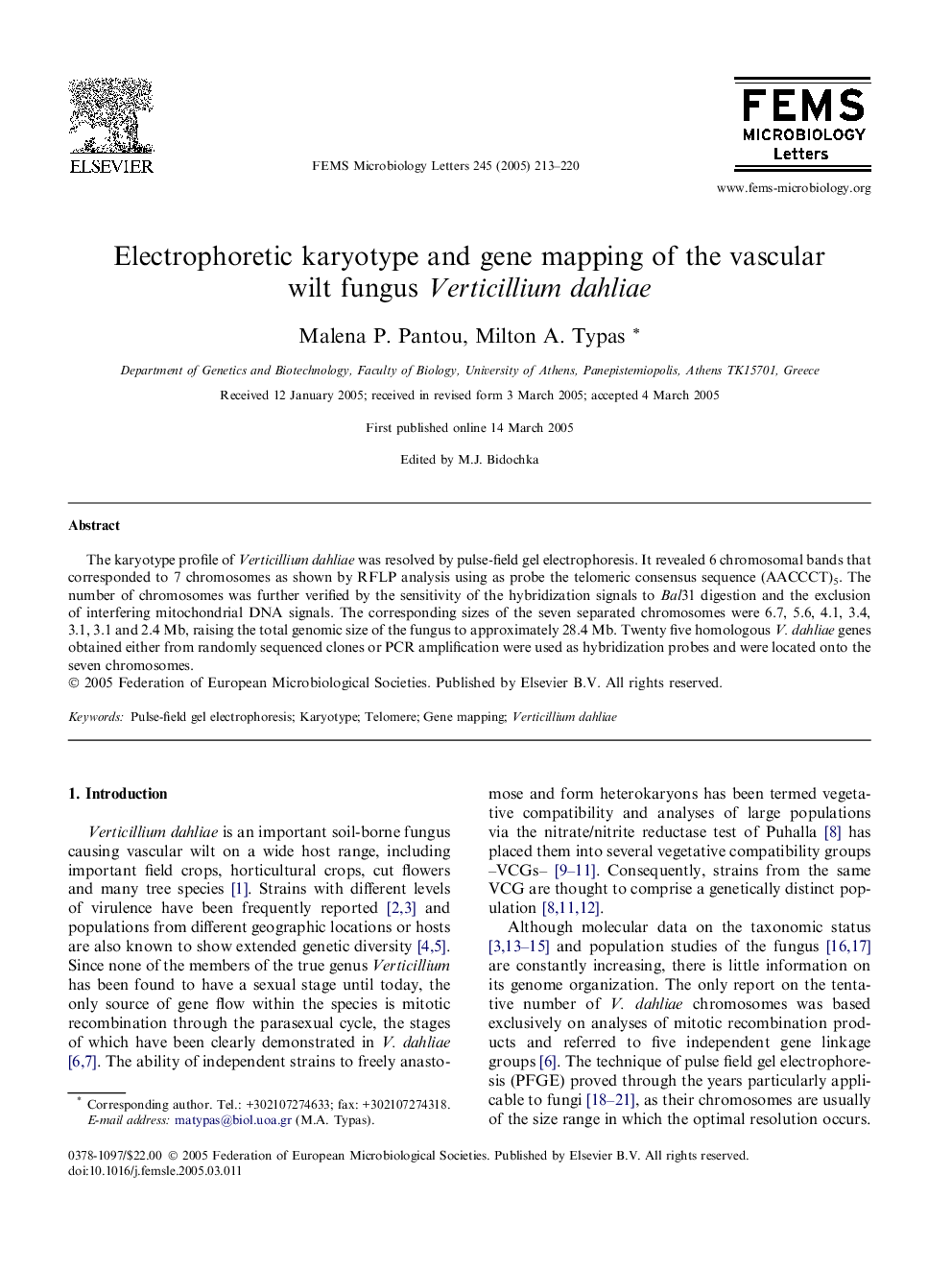 Electrophoretic karyotype and gene mapping of the vascular wilt fungus Verticillium dahliae