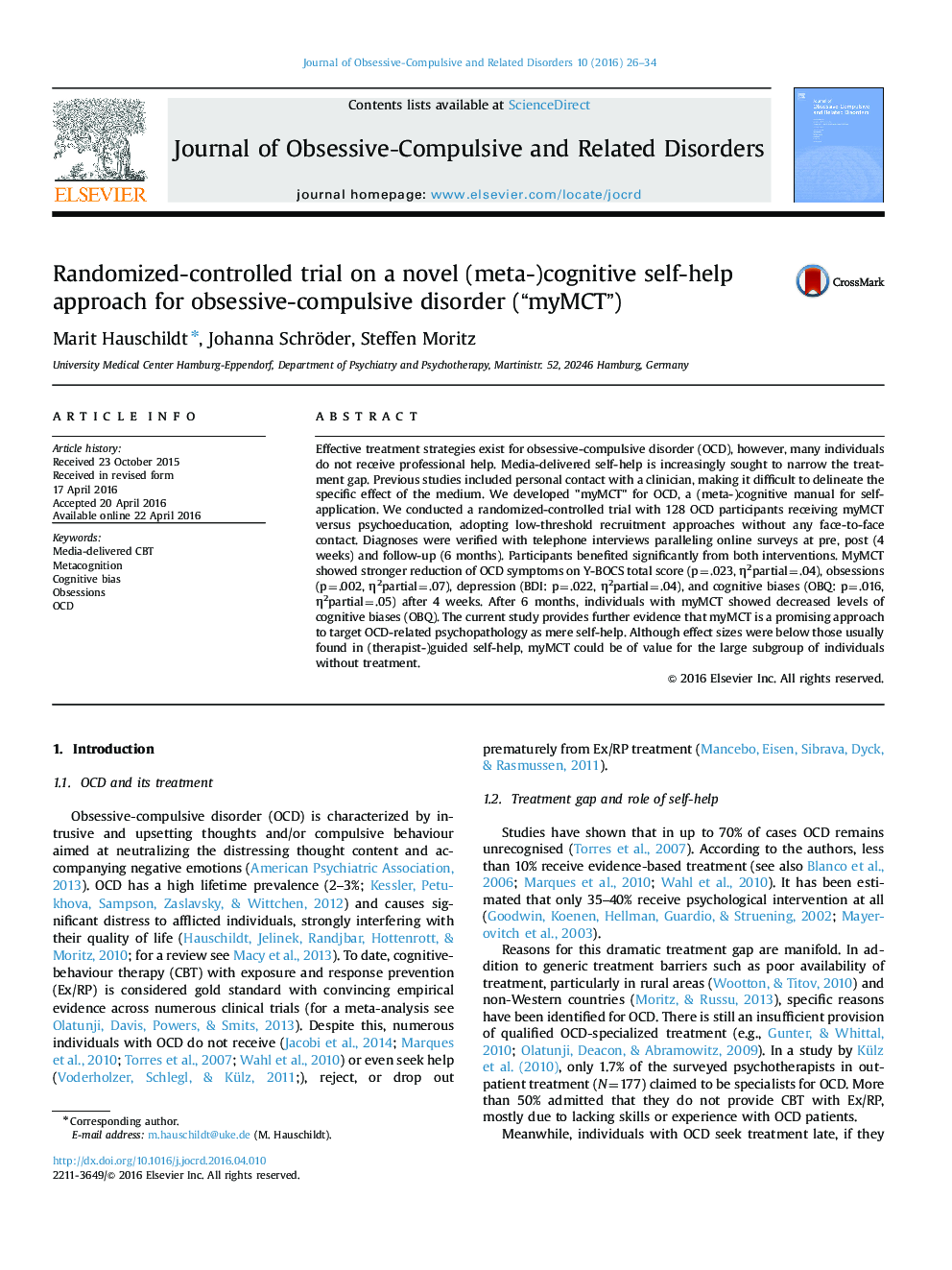 Randomized-controlled trial on a novel (meta-)cognitive self-help approach for obsessive-compulsive disorder (“myMCT”)