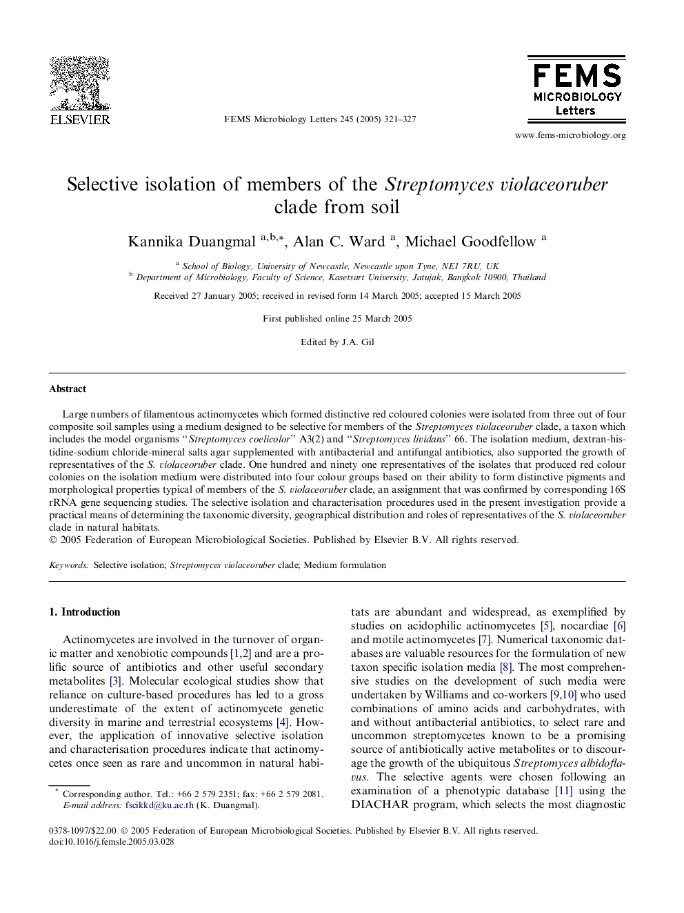 Selective isolation of members of the Streptomyces violaceoruber clade from soil