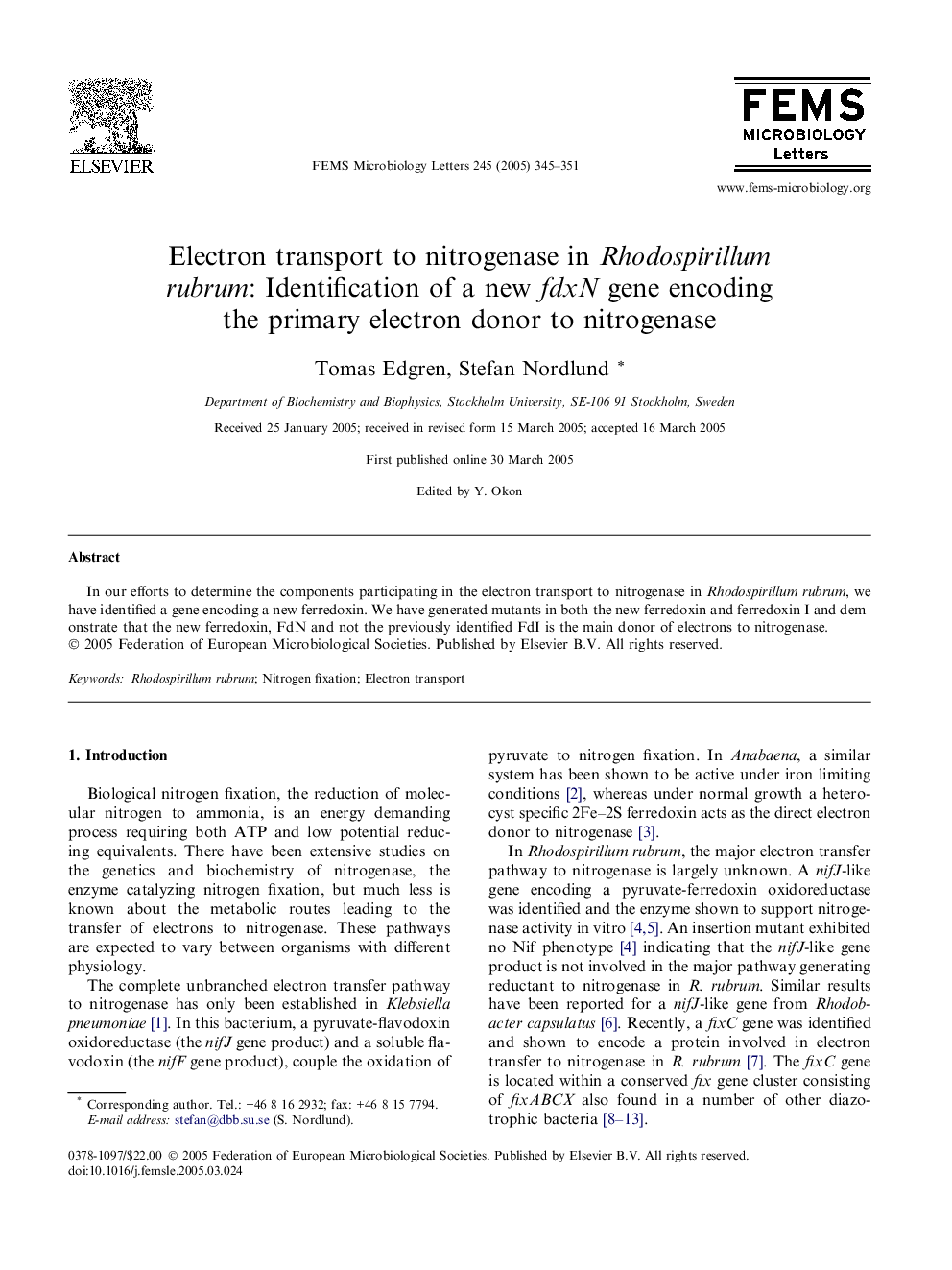 Electron transport to nitrogenase in Rhodospirillum rubrum: Identification of a new fdxN gene encoding the primary electron donor to nitrogenase