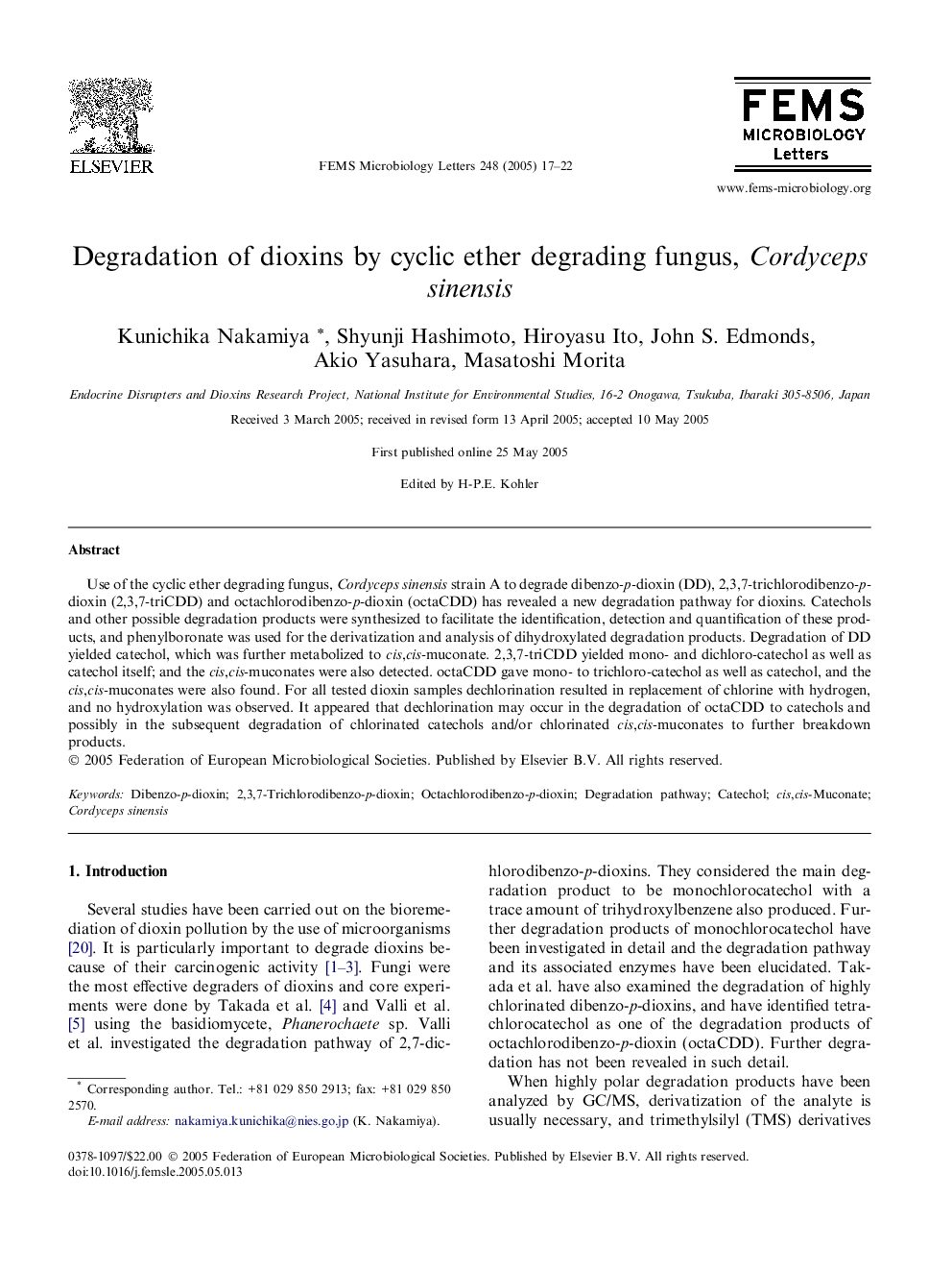 Degradation of dioxins by cyclic ether degrading fungus, Cordyceps sinensis