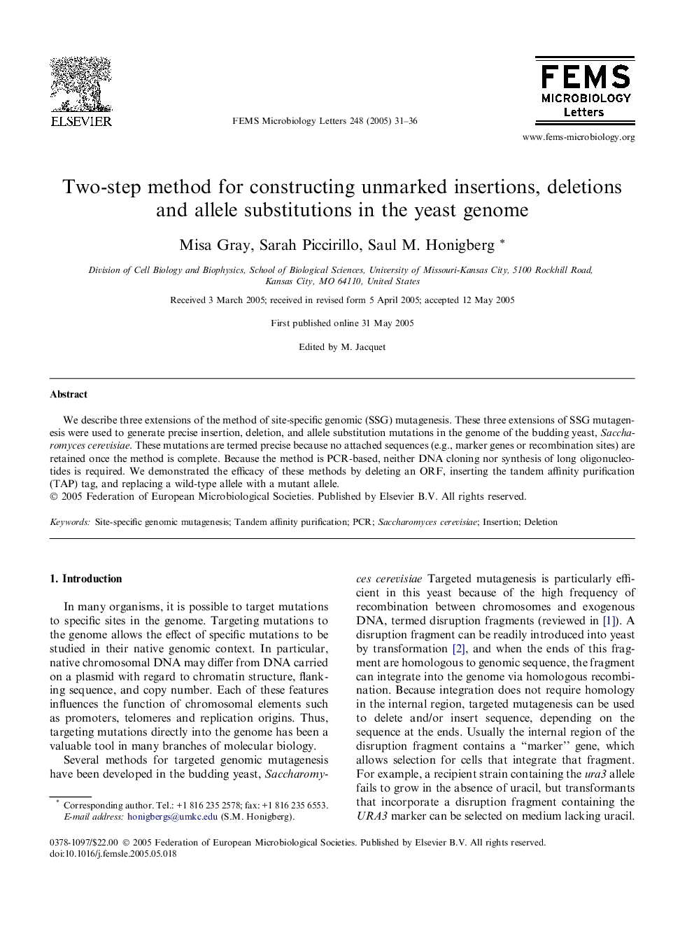 Two-step method for constructing unmarked insertions, deletions and allele substitutions in the yeast genome