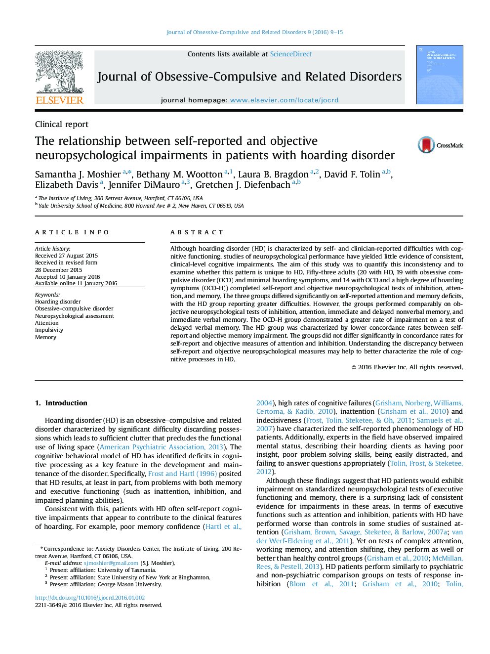 The relationship between self-reported and objective neuropsychological impairments in patients with hoarding disorder