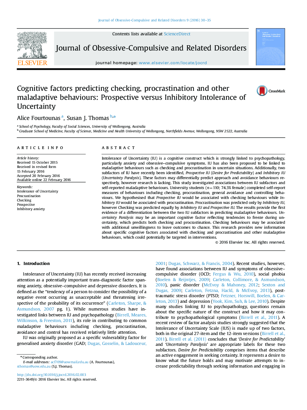 Cognitive factors predicting checking, procrastination and other maladaptive behaviours: Prospective versus Inhibitory Intolerance of Uncertainty