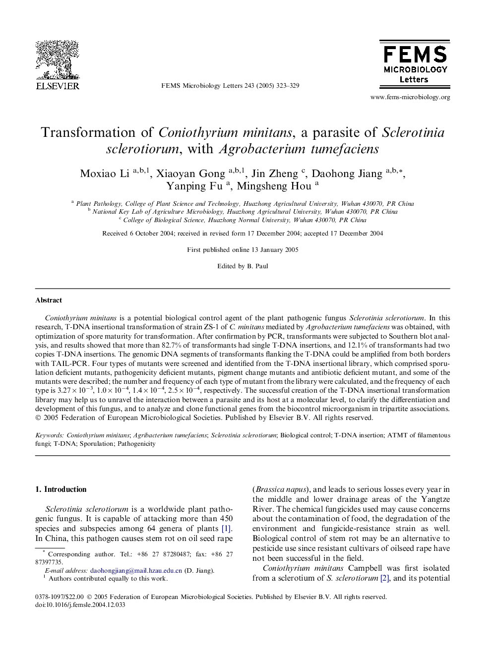 Transformation of Coniothyrium minitans, a parasite of Sclerotinia sclerotiorum, with Agrobacterium tumefaciens