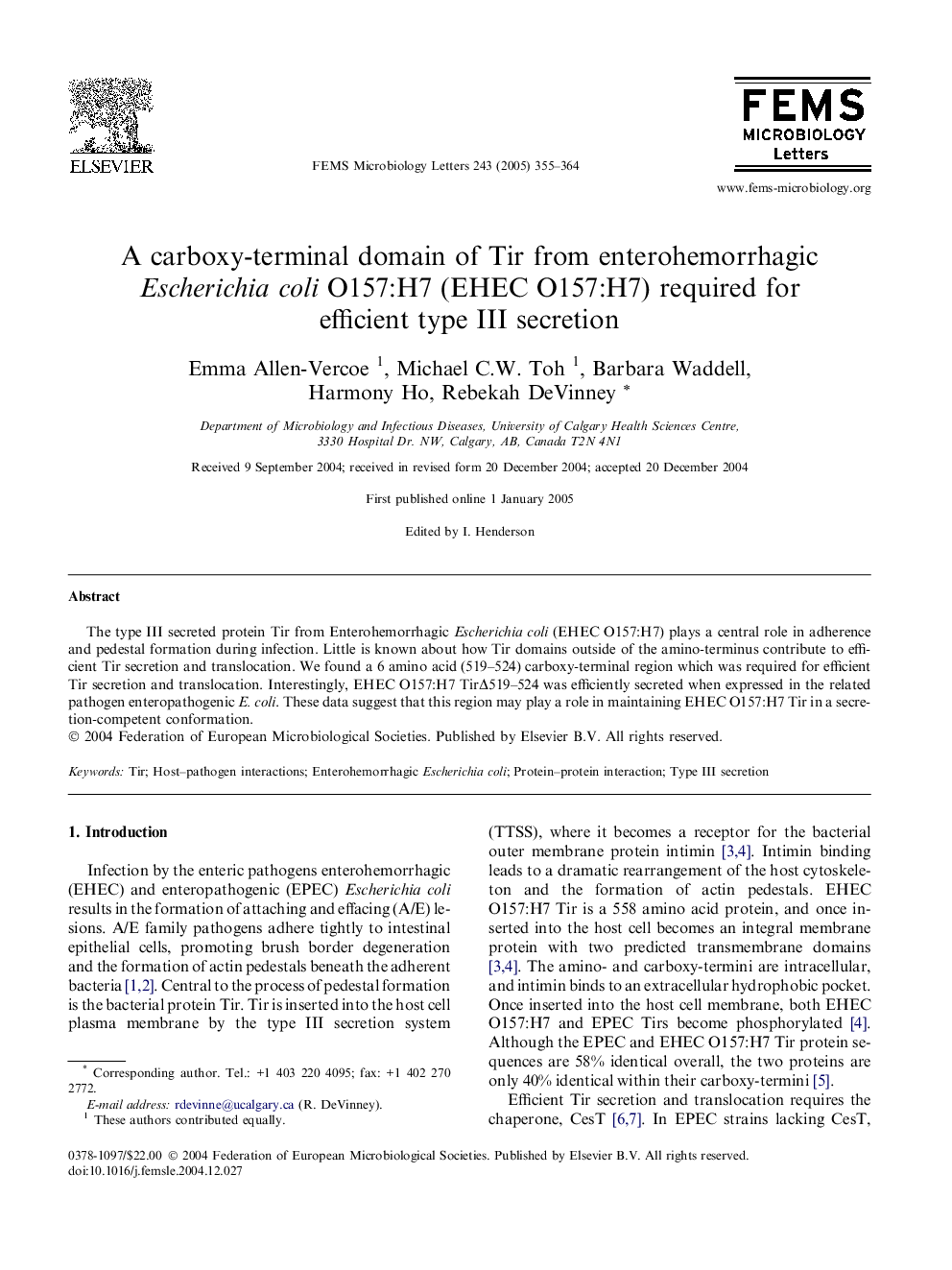 A carboxy-terminal domain of Tir from enterohemorrhagic Escherichia coli O157:H7 (EHEC O157:H7) required for efficient type III secretion