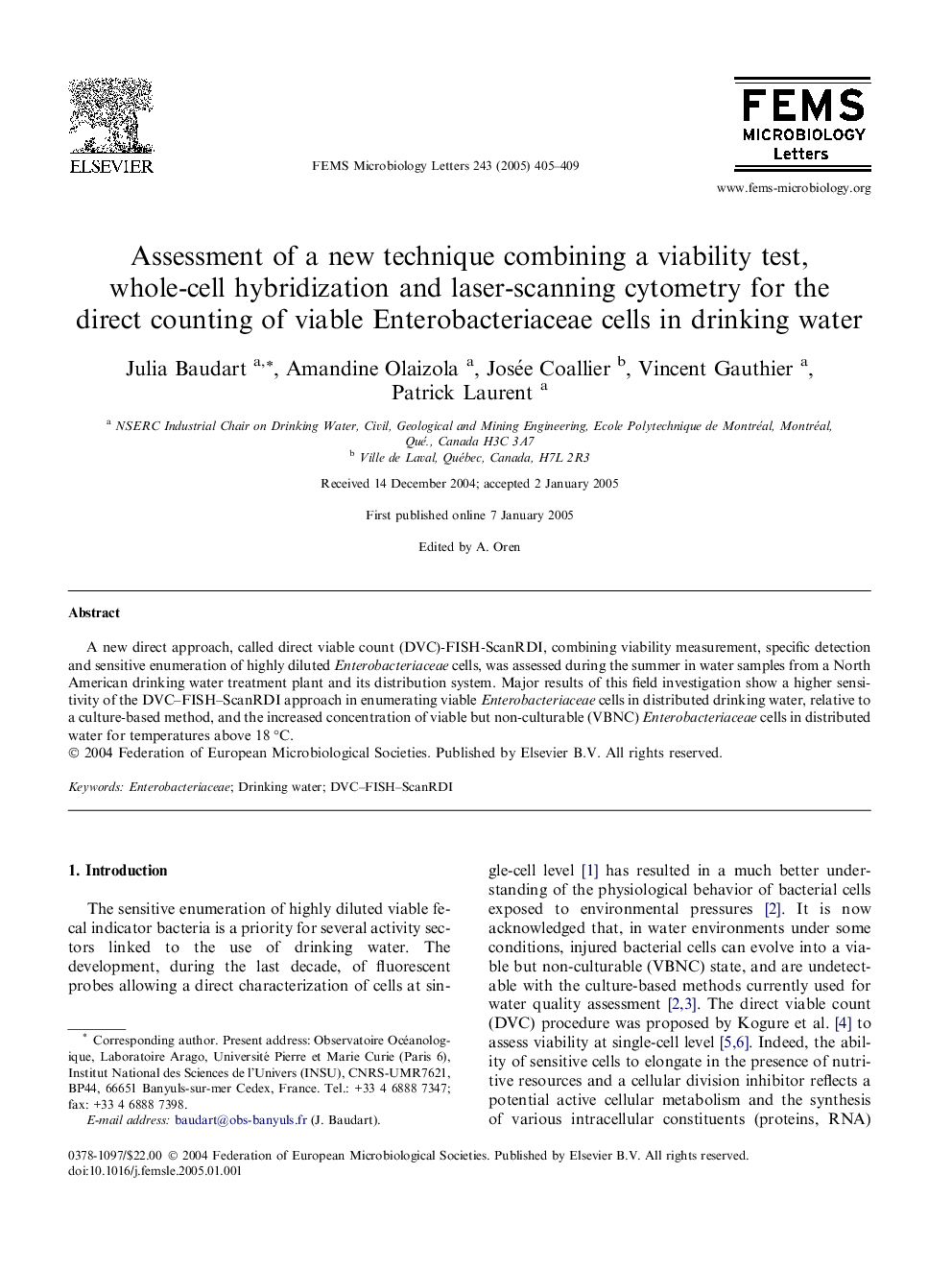 Assessment of a new technique combining a viability test, whole-cell hybridization and laser-scanning cytometry for the direct counting of viable Enterobacteriaceae cells in drinking water