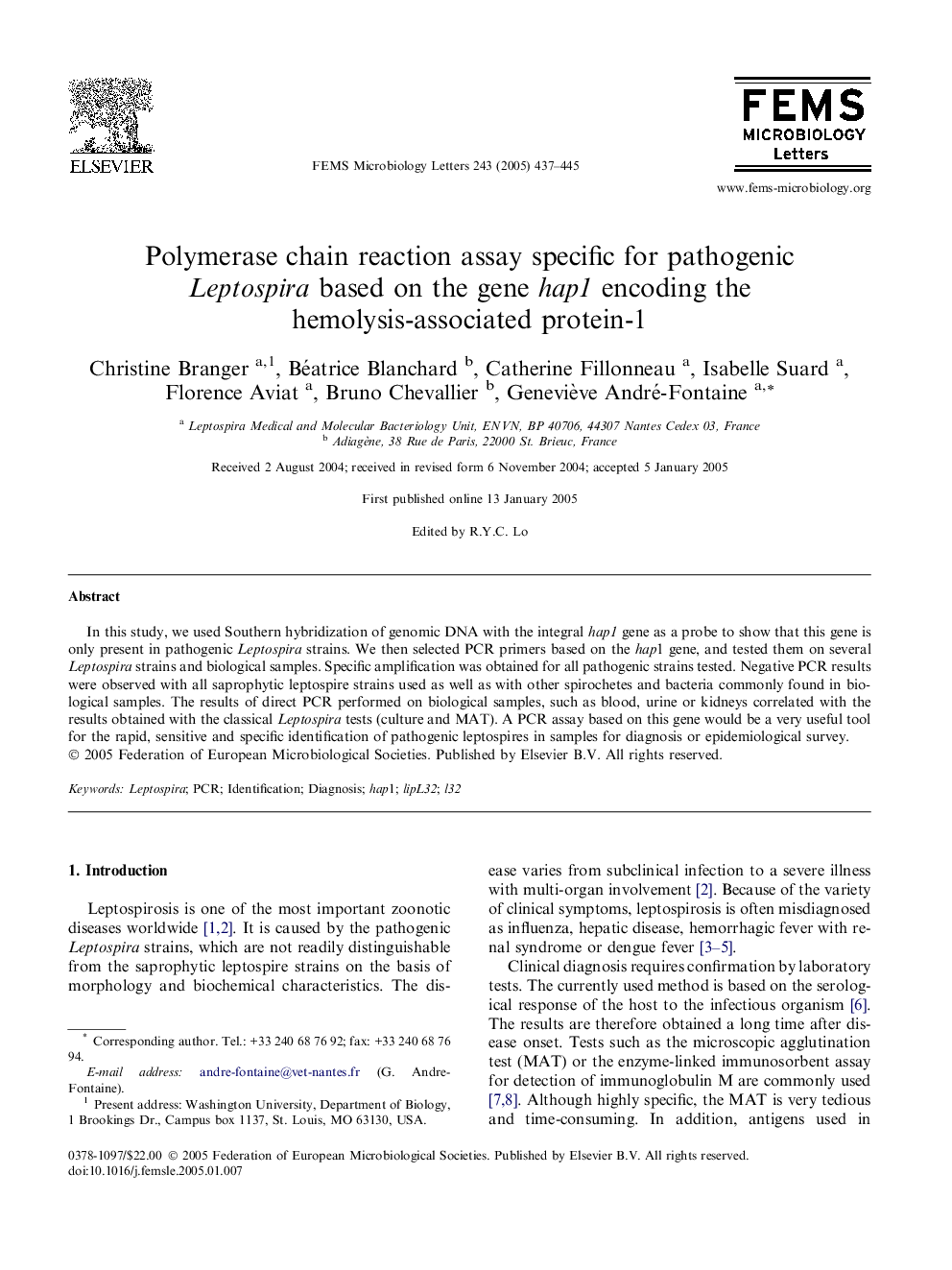 Polymerase chain reaction assay specific for pathogenic Leptospira based on the gene hap1 encoding the hemolysis-associated protein-1