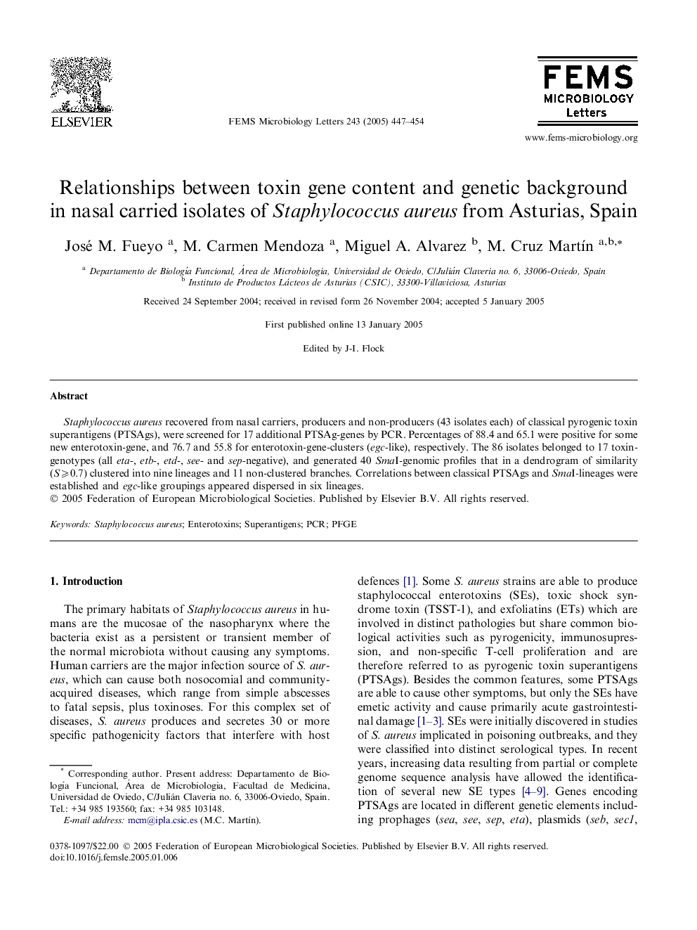 Relationships between toxin gene content and genetic background in nasal carried isolates of Staphylococcus aureus from Asturias, Spain