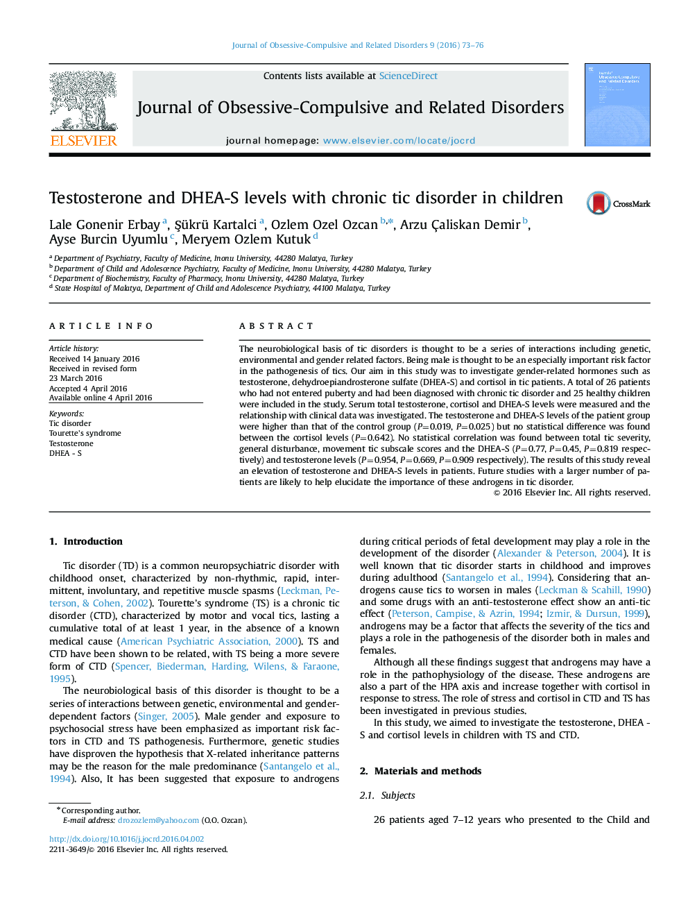 Testosterone and DHEA-S levels with chronic tic disorder in children