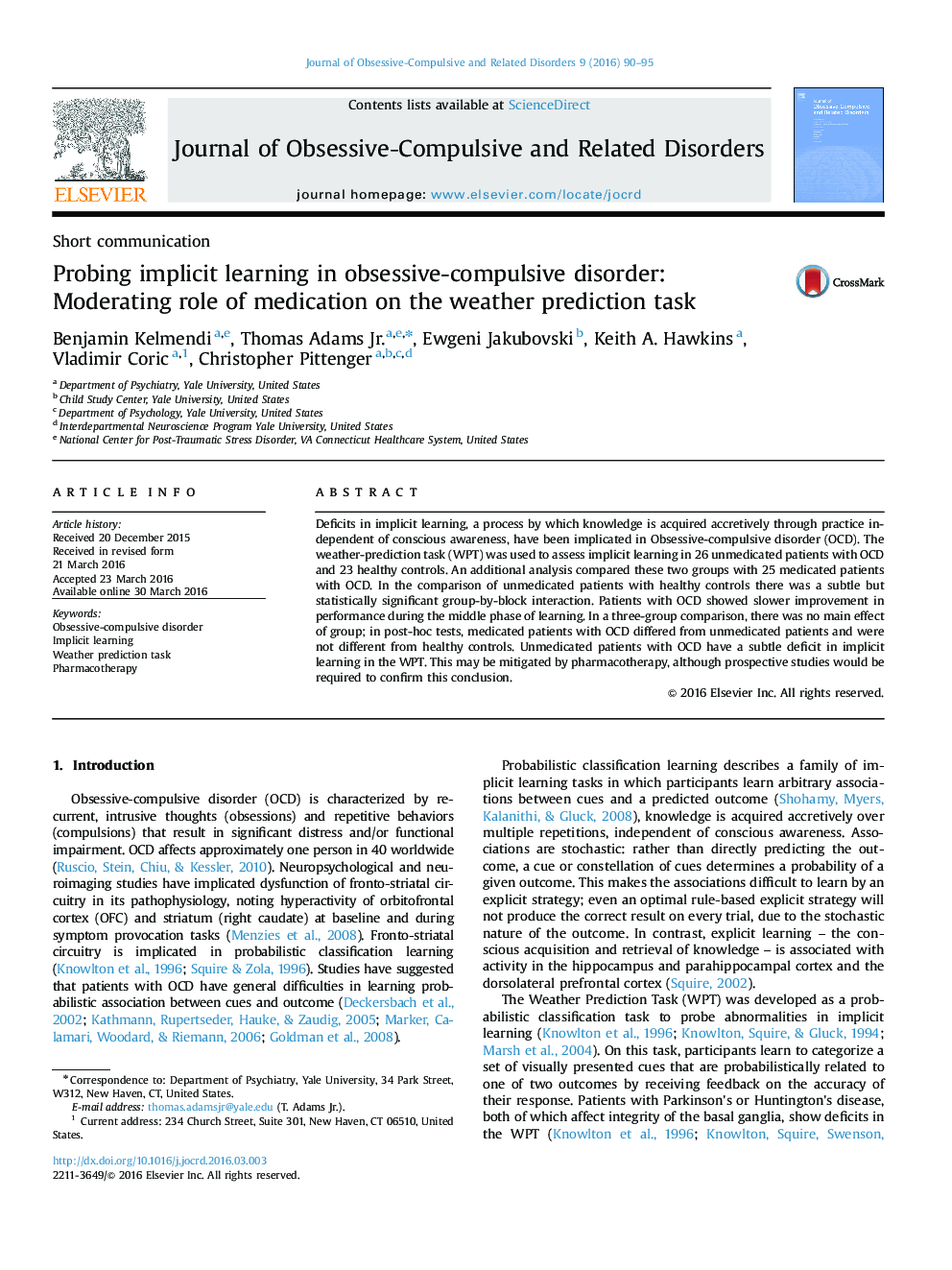 Probing implicit learning in obsessive-compulsive disorder: Moderating role of medication on the weather prediction task