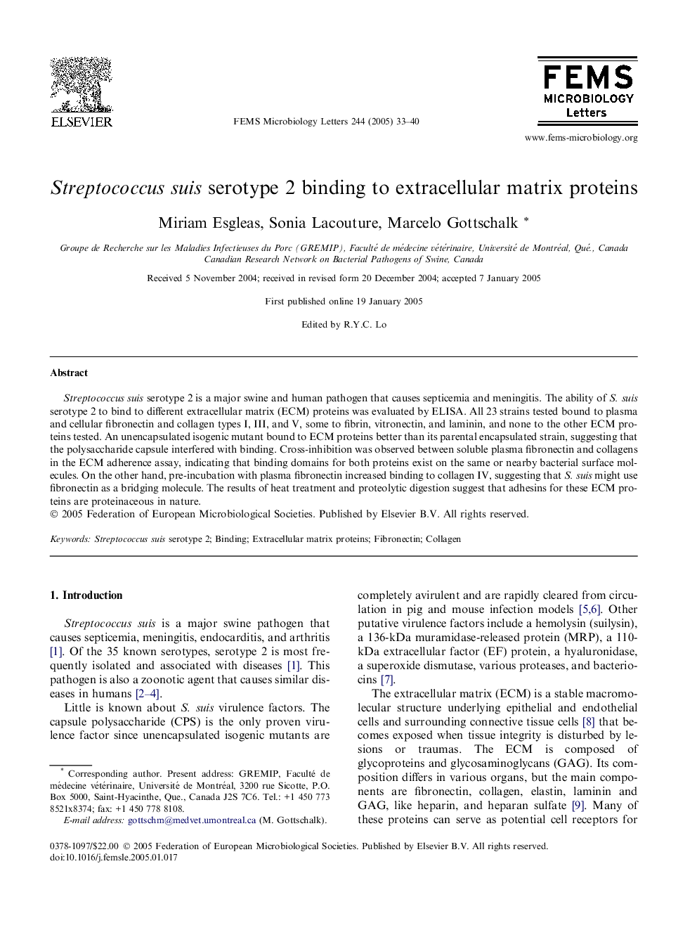 Streptococcus suis serotype 2 binding to extracellular matrix proteins