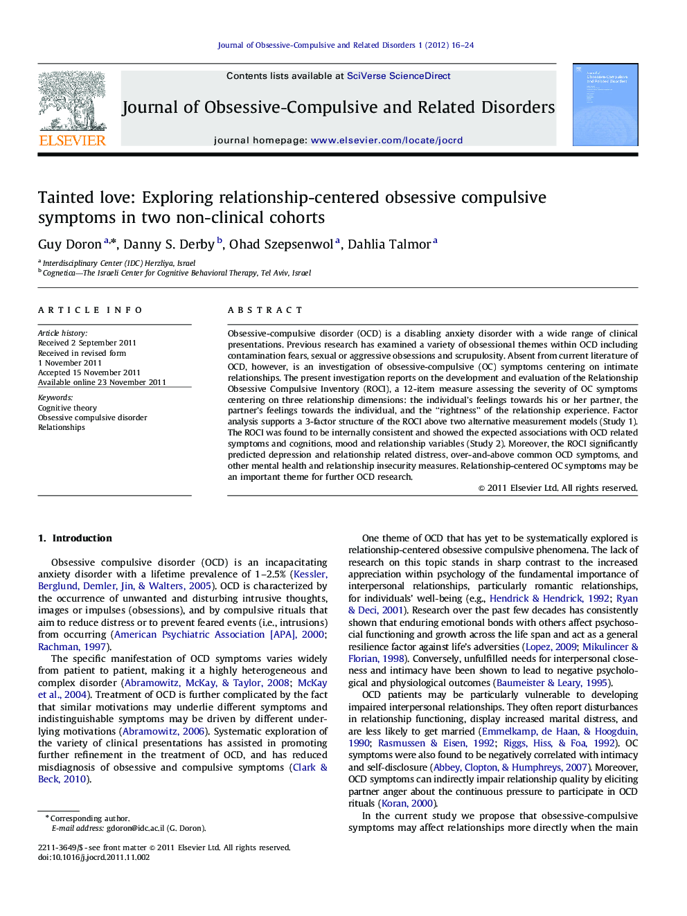 Tainted love: Exploring relationship-centered obsessive compulsive symptoms in two non-clinical cohorts