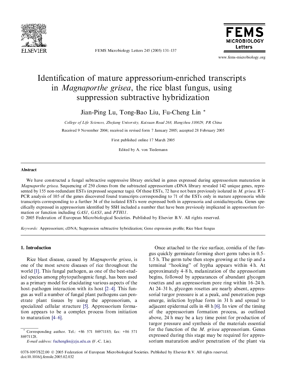 Identification of mature appressorium-enriched transcripts in Magnaporthe grisea, the rice blast fungus, using suppression subtractive hybridization