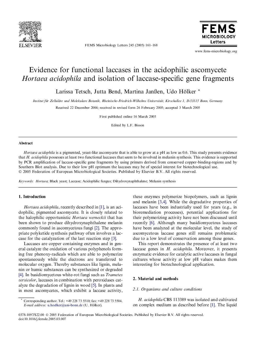 Evidence for functional laccases in the acidophilic ascomycete Hortaea acidophila and isolation of laccase-specific gene fragments