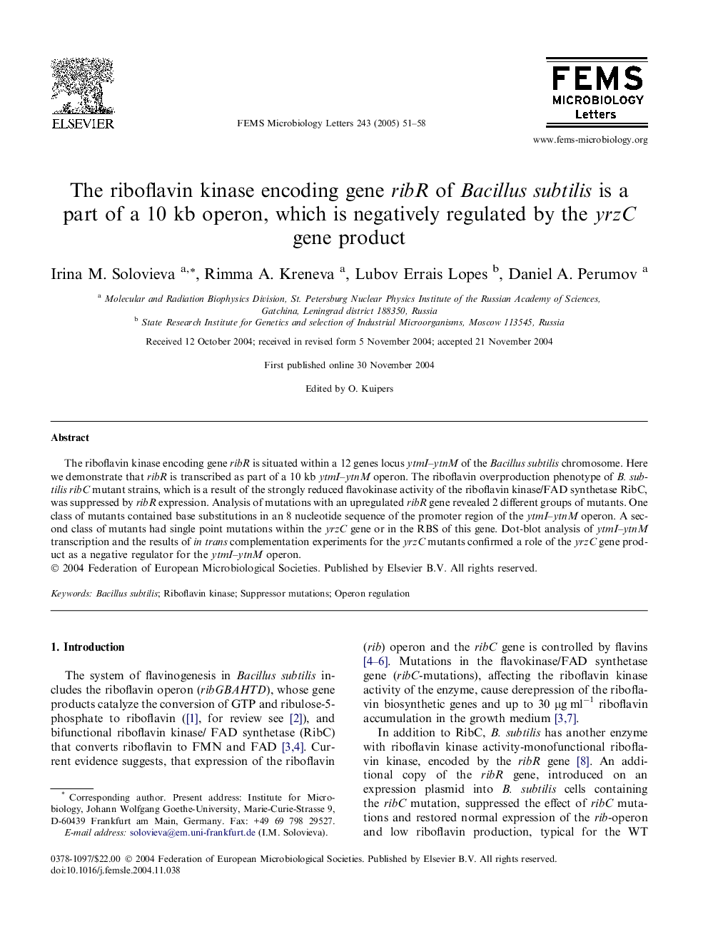 The riboflavin kinase encoding gene ribR of Bacillus subtilis is a part of a 10 kb operon, which is negatively regulated by the yrzC gene product