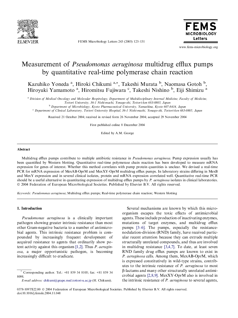 Measurement of Pseudomonas aeruginosa multidrug efflux pumps by quantitative real-time polymerase chain reaction