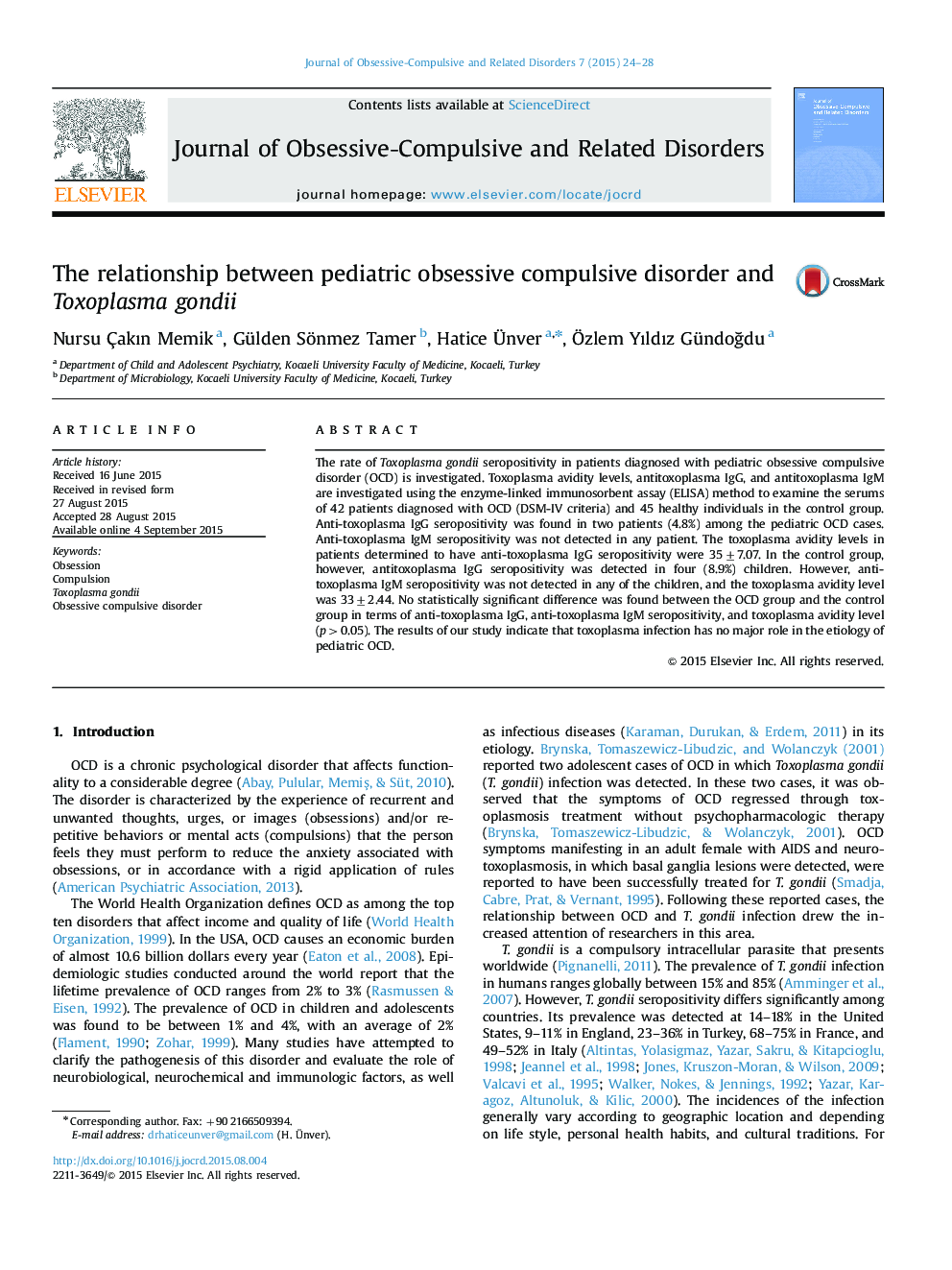 The relationship between pediatric obsessive compulsive disorder and Toxoplasma gondii