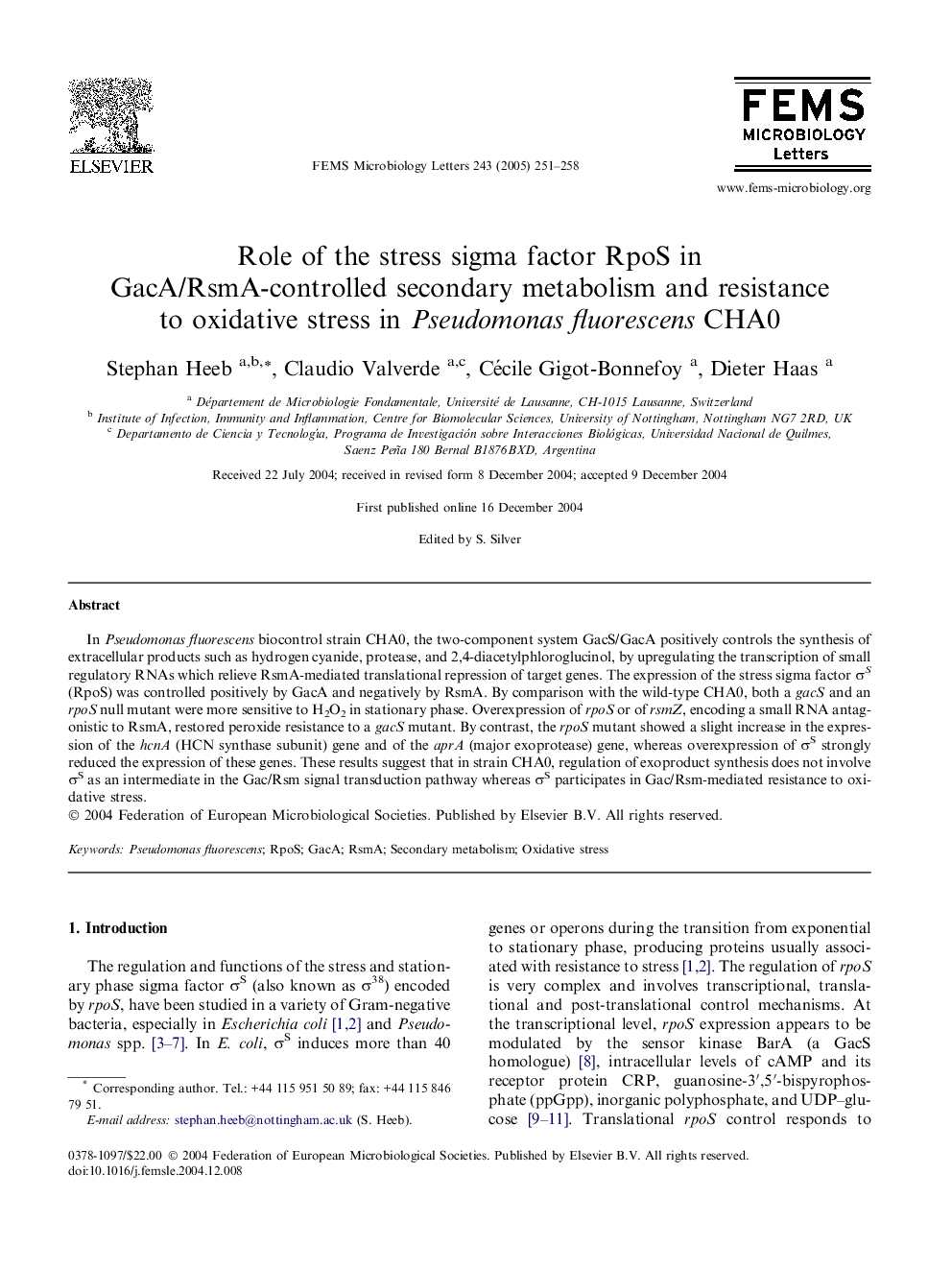 Role of the stress sigma factor RpoS in GacA/RsmA-controlled secondary metabolism and resistance to oxidative stress in Pseudomonas fluorescens CHA0