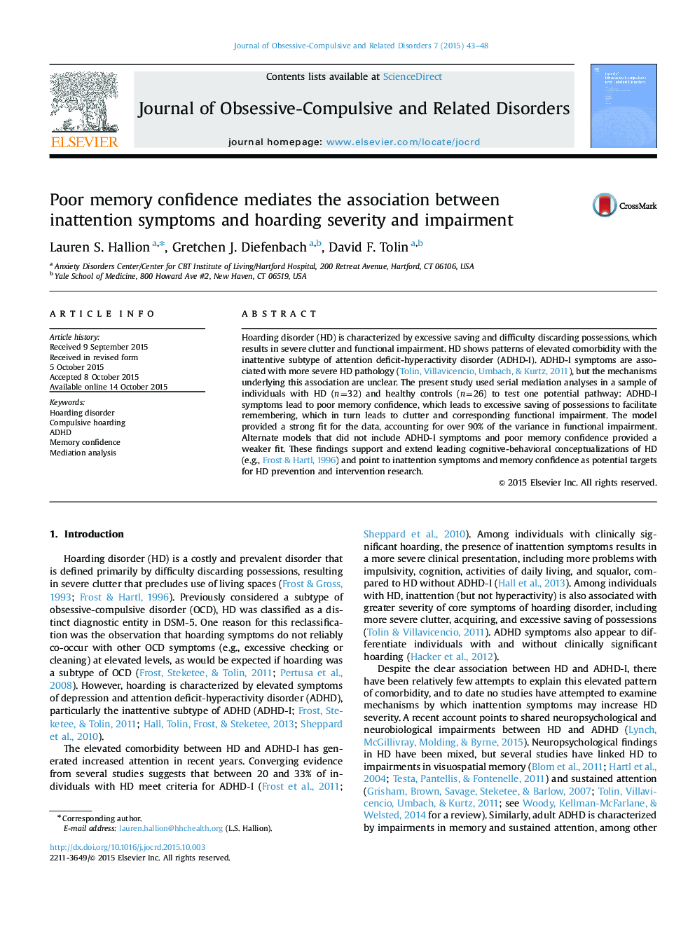 Poor memory confidence mediates the association between inattention symptoms and hoarding severity and impairment