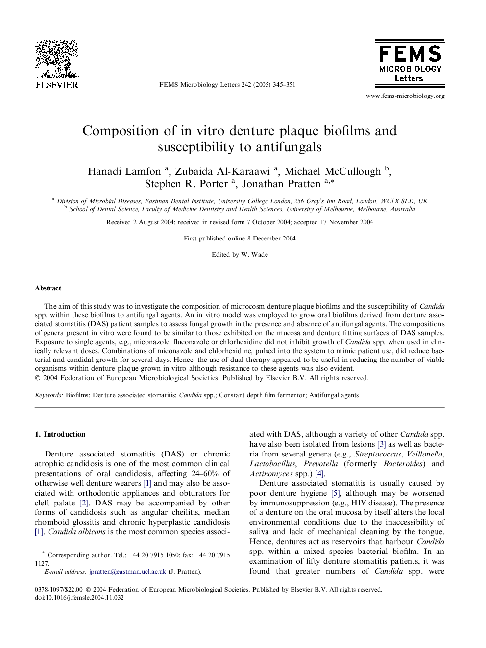 Composition of in vitro denture plaque biofilms and susceptibility to antifungals