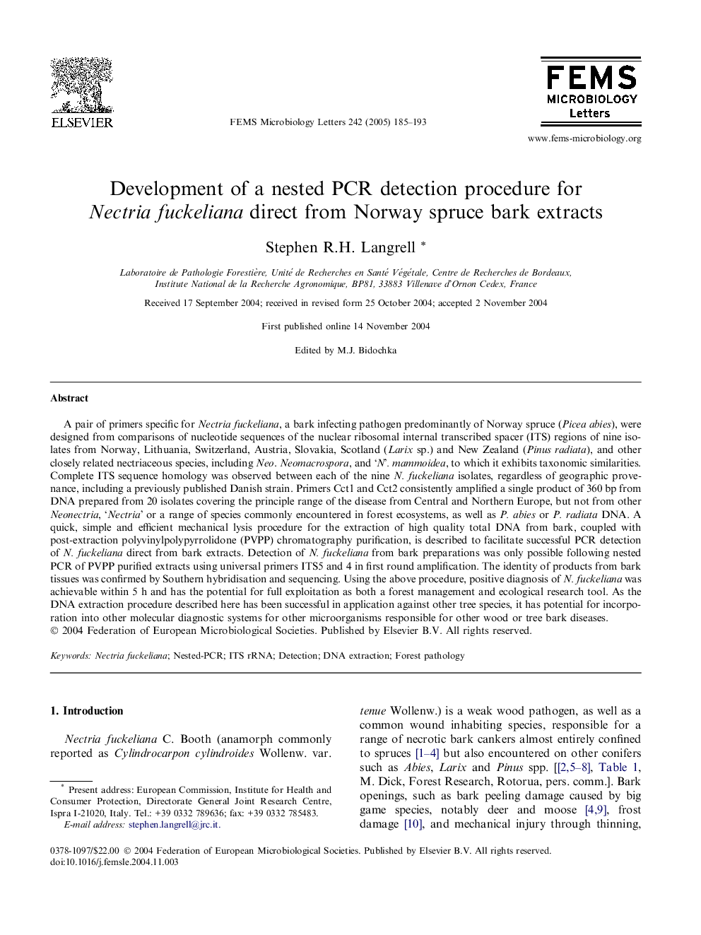 Development of a nested PCR detection procedure for Nectria fuckeliana direct from Norway spruce bark extracts