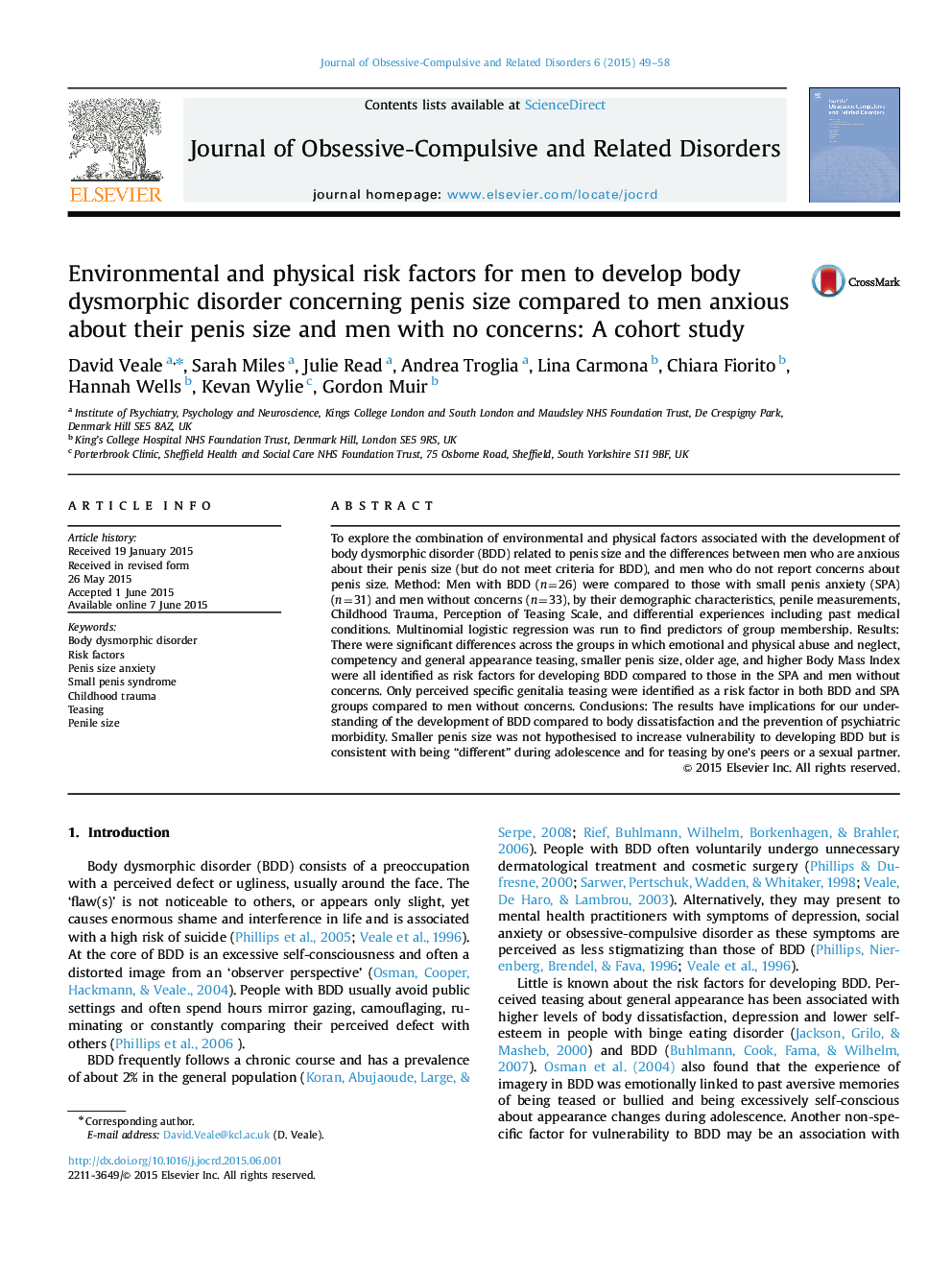 Environmental and physical risk factors for men to develop body dysmorphic disorder concerning penis size compared to men anxious about their penis size and men with no concerns: A cohort study