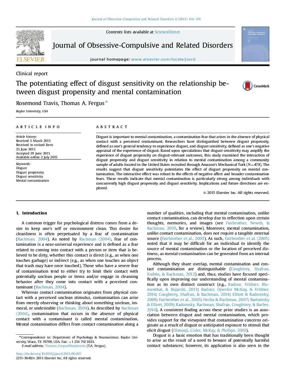 The potentiating effect of disgust sensitivity on the relationship between disgust propensity and mental contamination