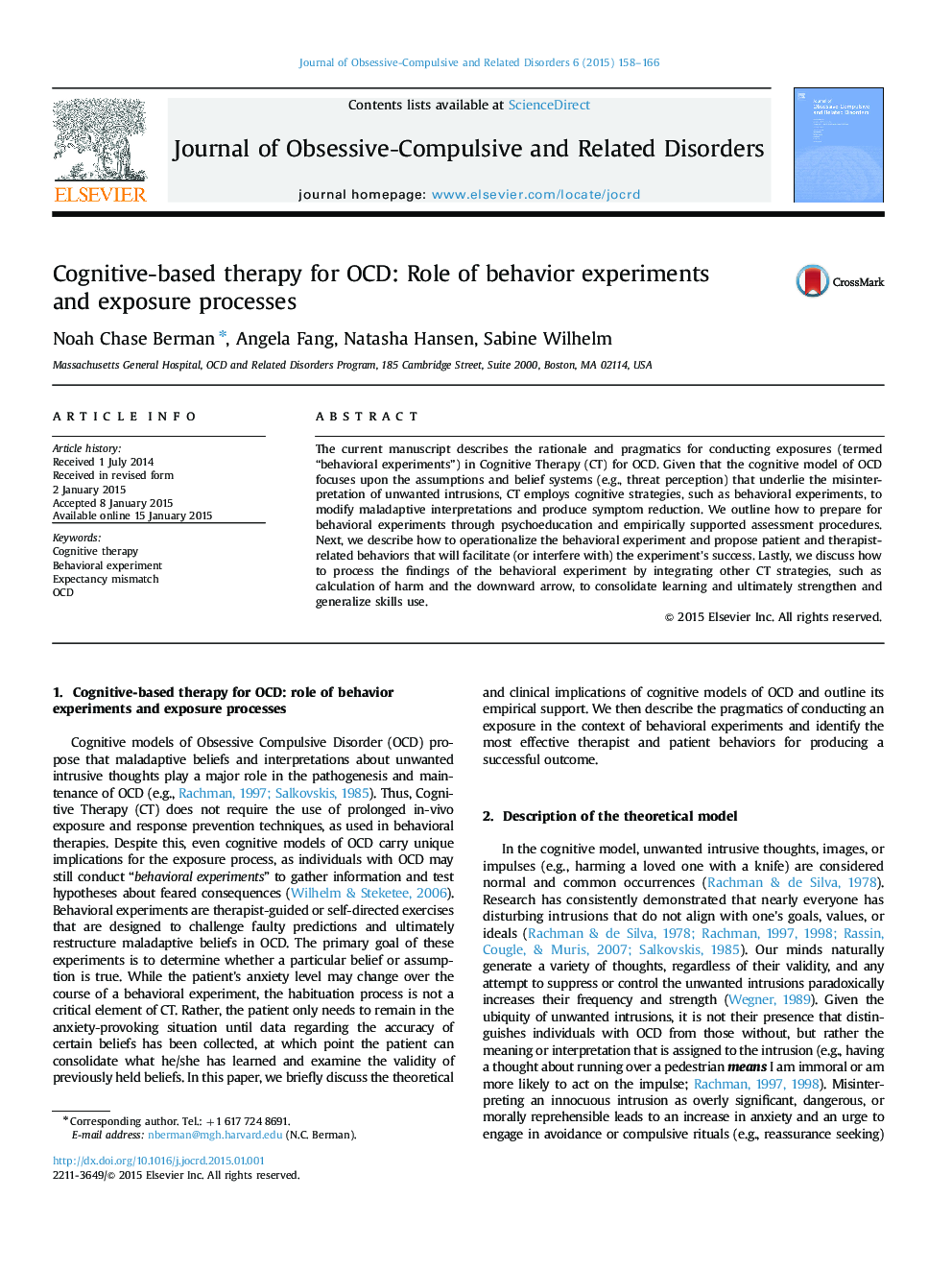 Cognitive-based therapy for OCD: Role of behavior experiments and exposure processes