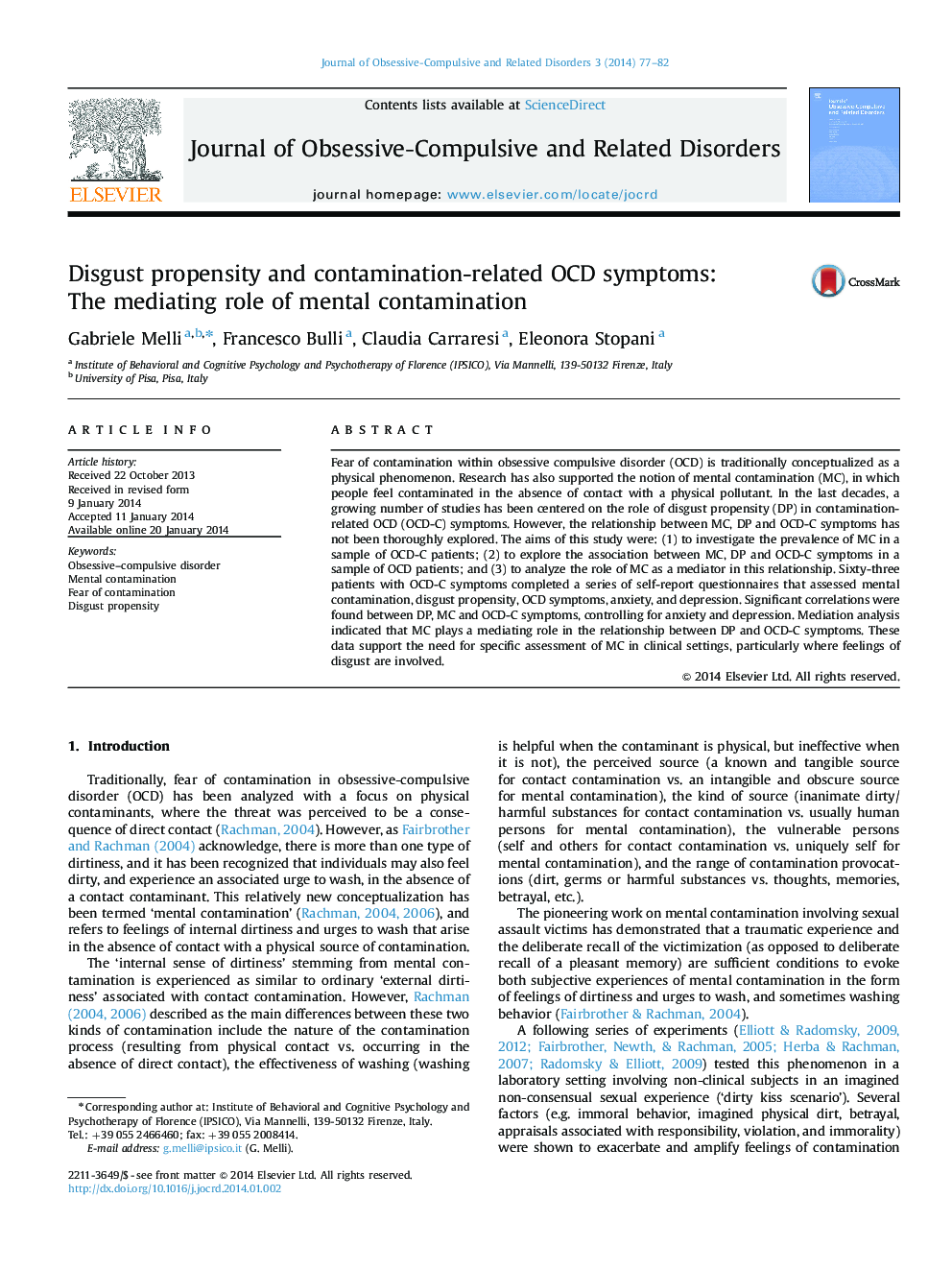 Disgust propensity and contamination-related OCD symptoms: The mediating role of mental contamination