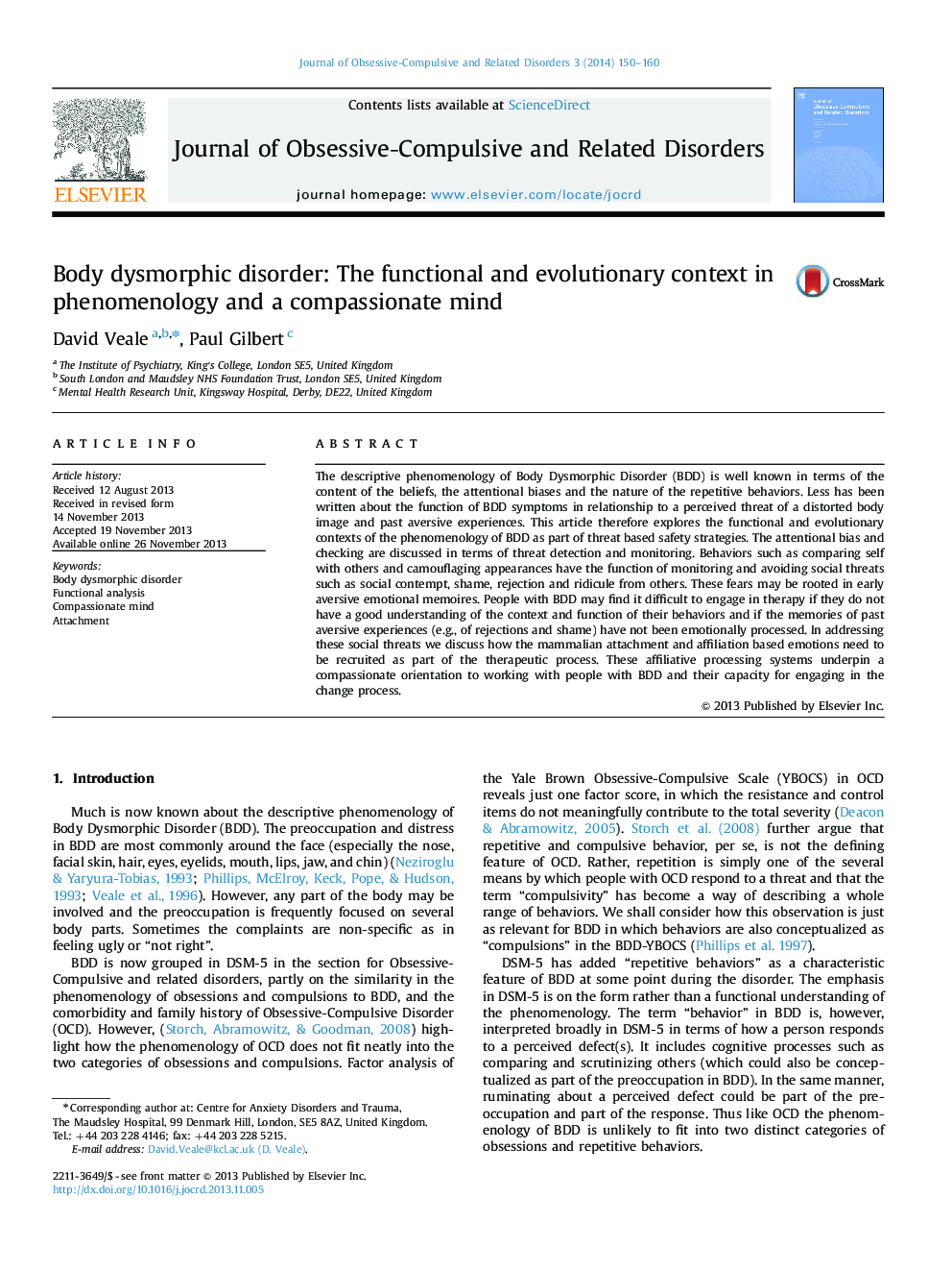 Body dysmorphic disorder: The functional and evolutionary context in phenomenology and a compassionate mind