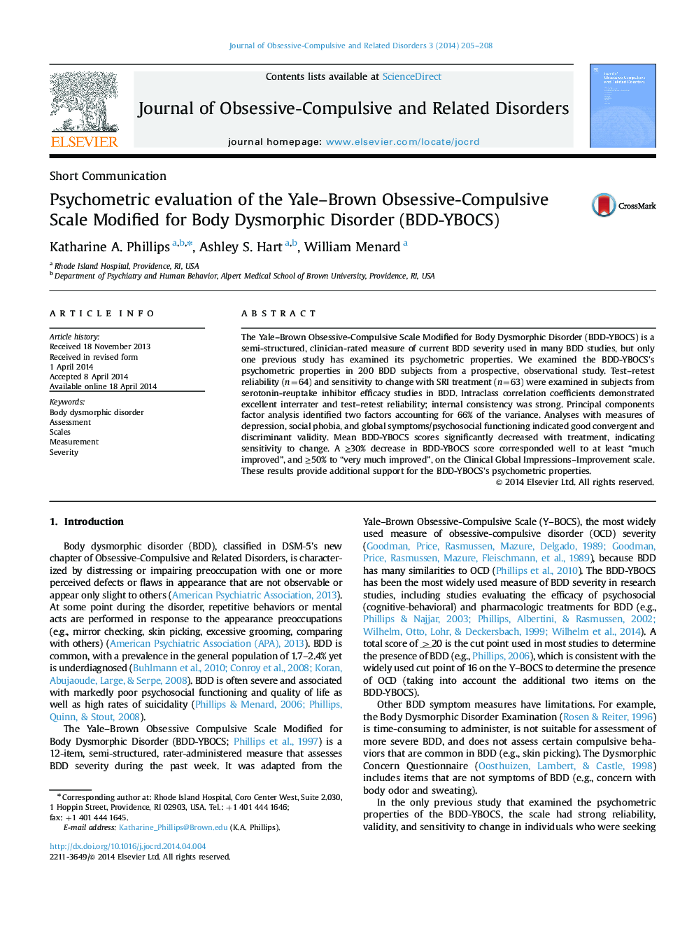 Psychometric evaluation of the Yale-Brown Obsessive-Compulsive Scale Modified for Body Dysmorphic Disorder (BDD-YBOCS)