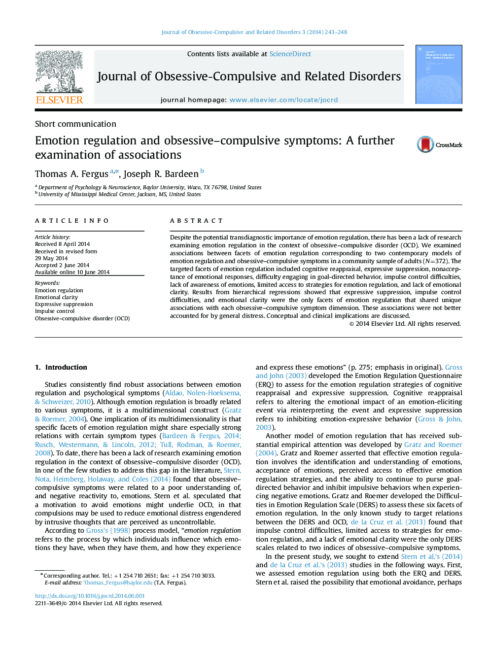 Emotion regulation and obsessive–compulsive symptoms: A further examination of associations