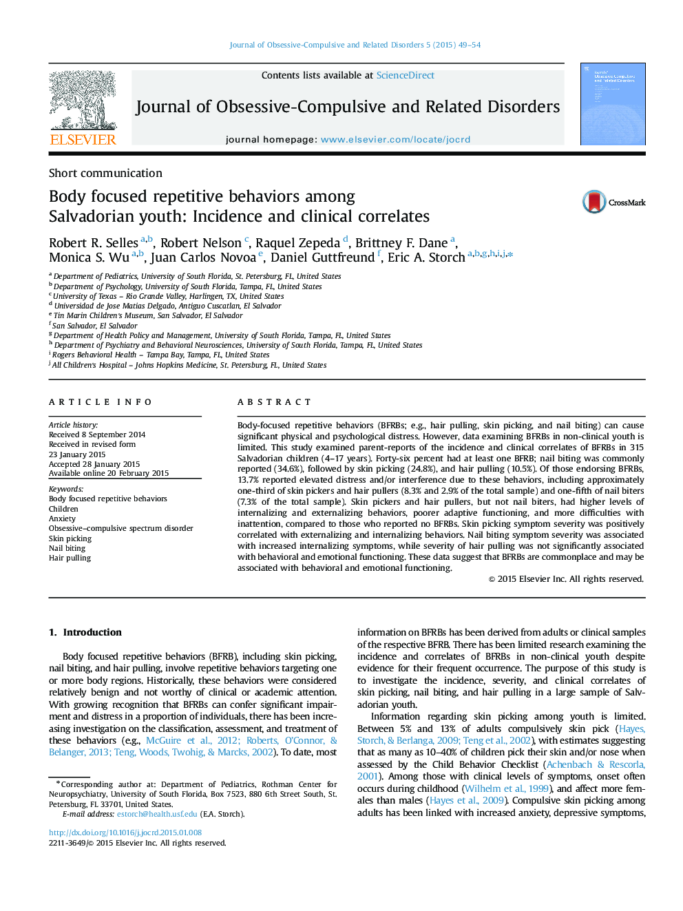 Body focused repetitive behaviors among Salvadorian youth: Incidence and clinical correlates