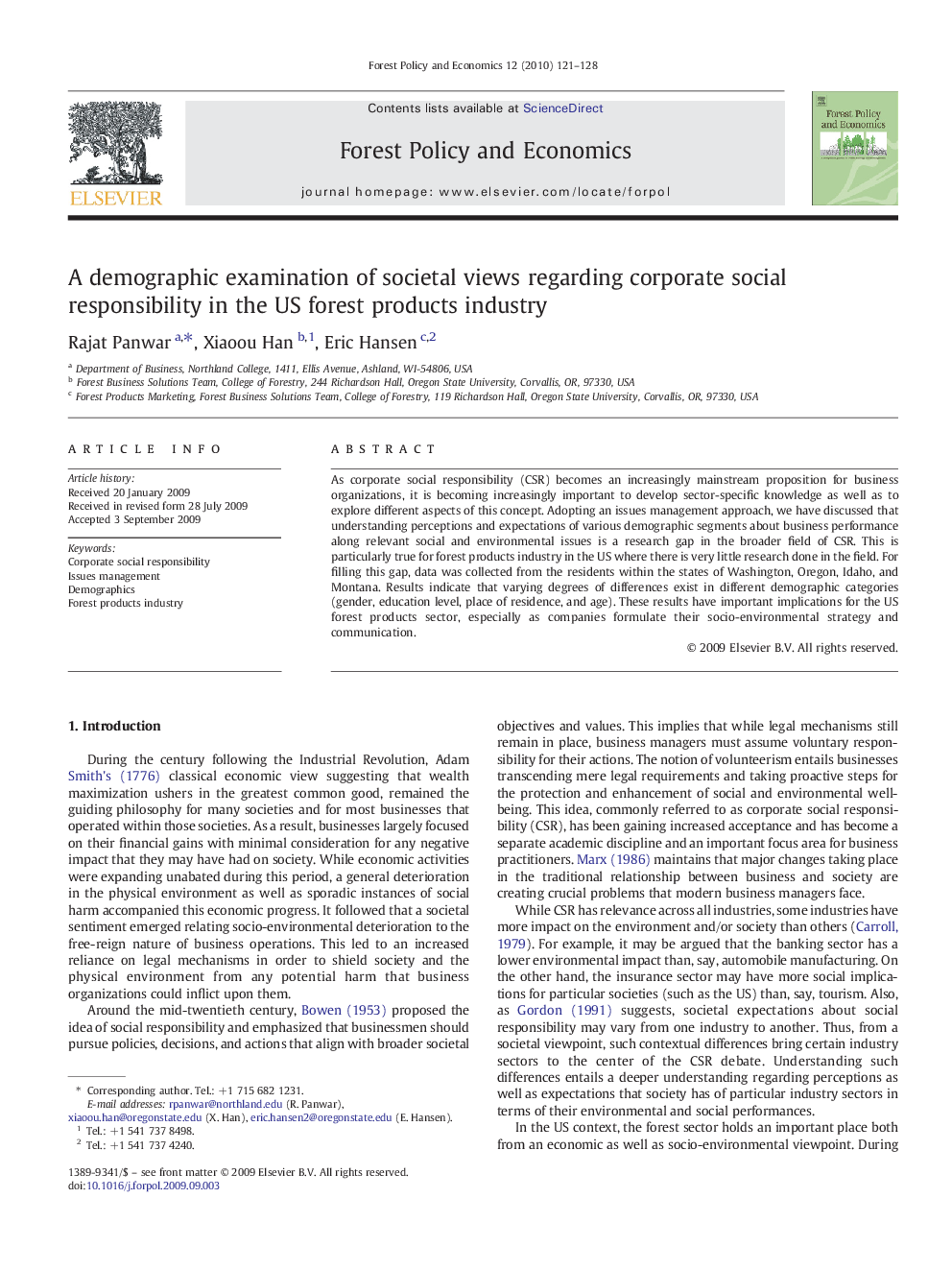 A demographic examination of societal views regarding corporate social responsibility in the US forest products industry