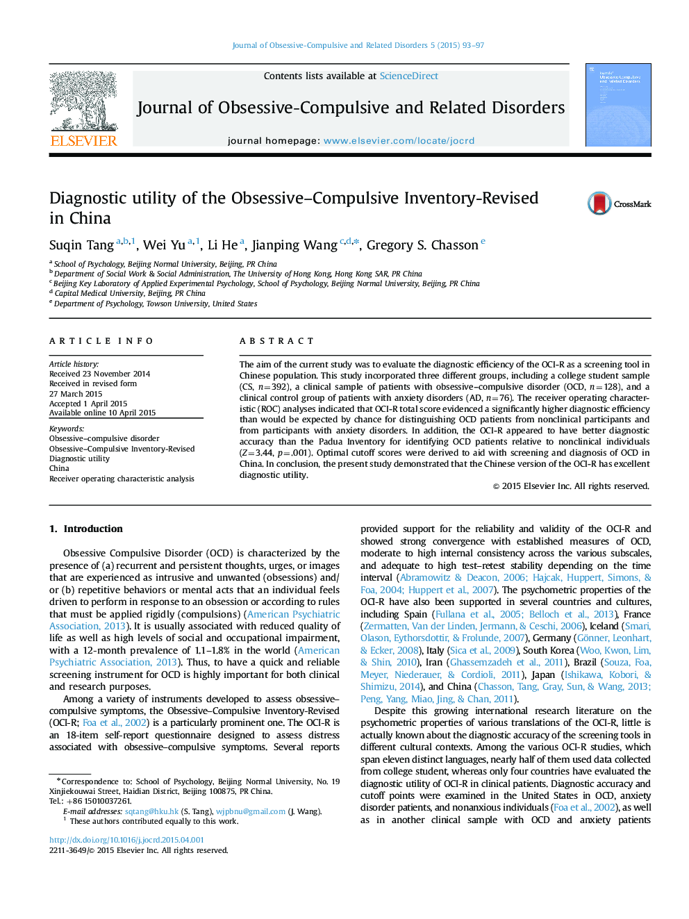 Diagnostic utility of the Obsessive–Compulsive Inventory-Revised in China