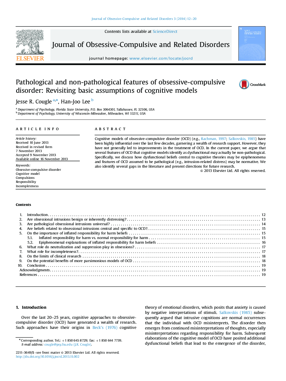 Pathological and non-pathological features of obsessive-compulsive disorder: Revisiting basic assumptions of cognitive models