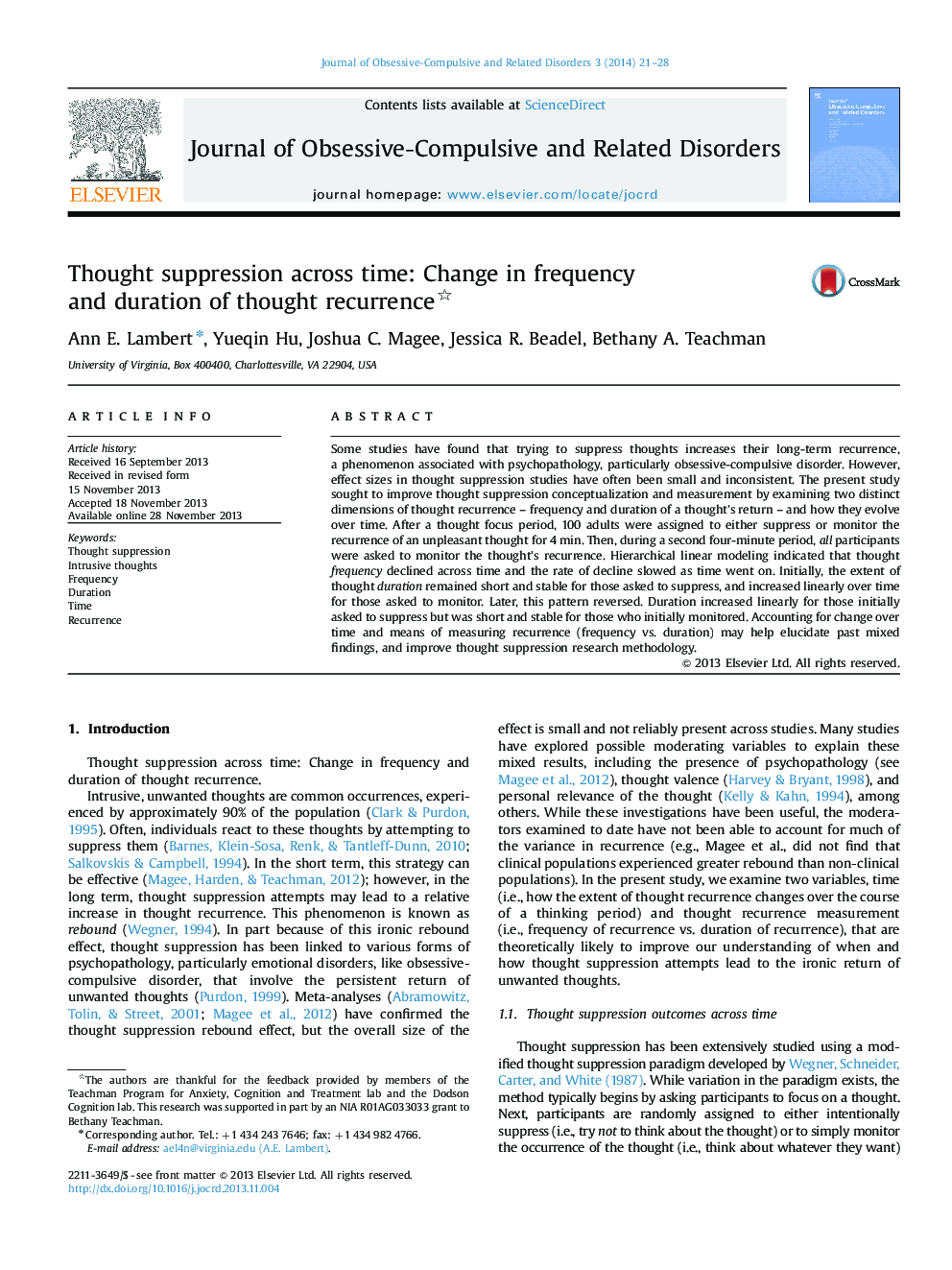 Thought suppression across time: Change in frequency and duration of thought recurrence 