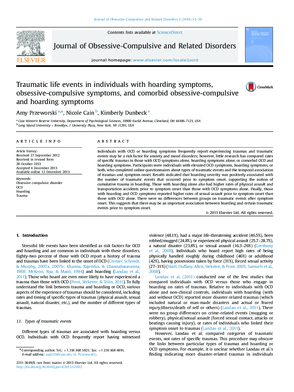 Traumatic life events in individuals with hoarding symptoms, obsessive-compulsive symptoms, and comorbid obsessive-compulsive and hoarding symptoms