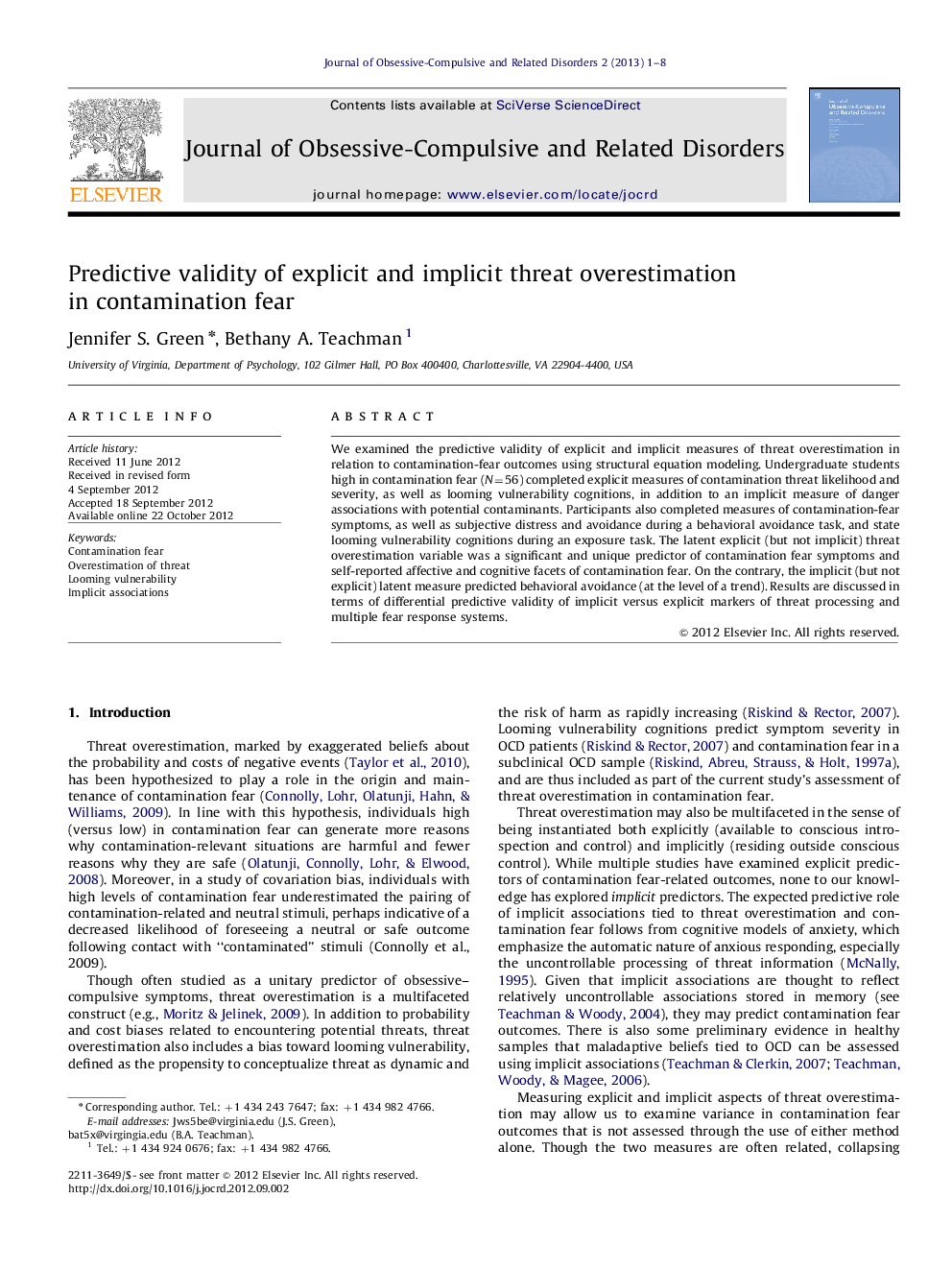 Predictive validity of explicit and implicit threat overestimation in contamination fear