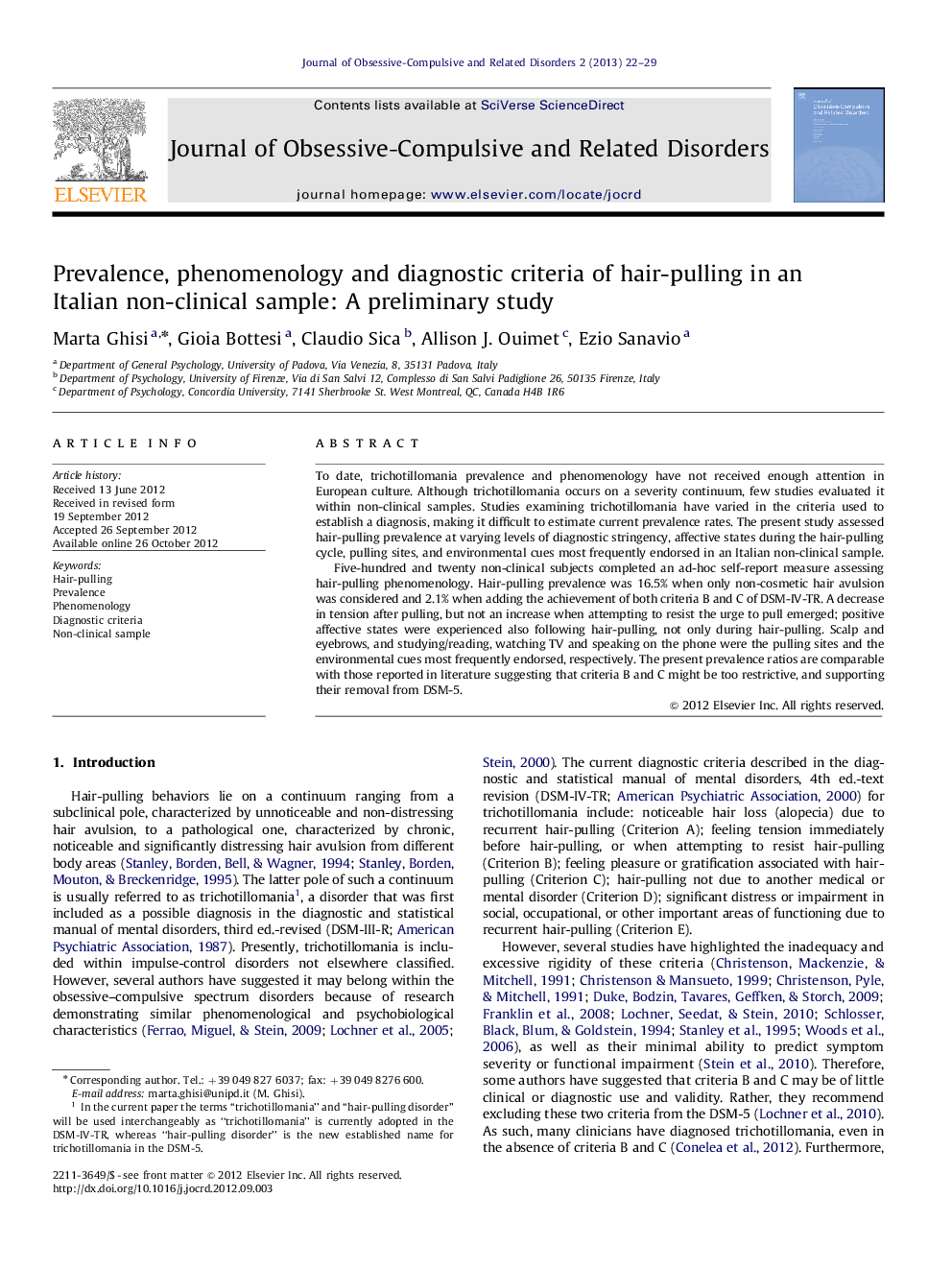 Prevalence, phenomenology and diagnostic criteria of hair-pulling in an Italian non-clinical sample: A preliminary study