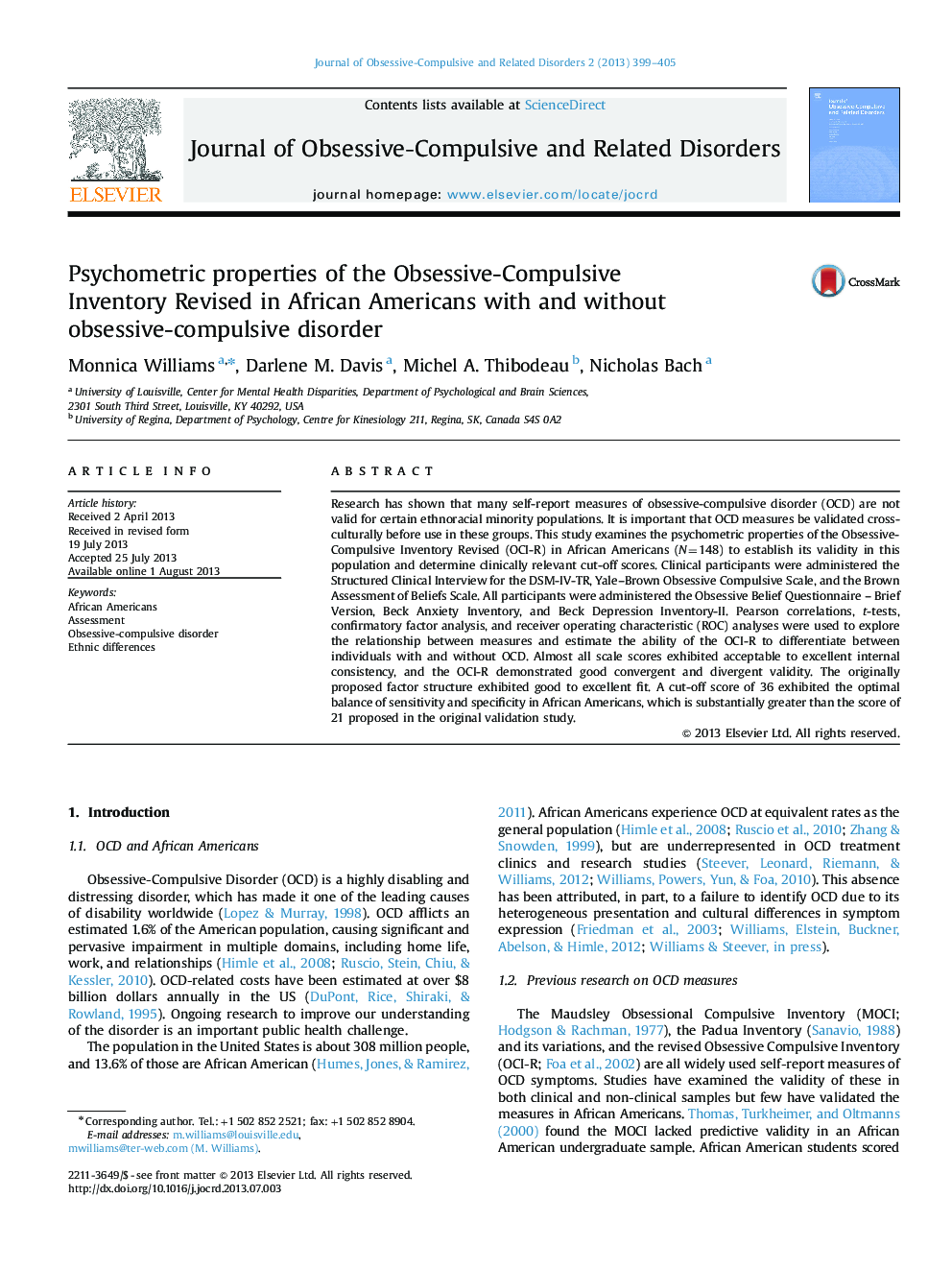 Psychometric properties of the Obsessive-Compulsive Inventory Revised in African Americans with and without obsessive-compulsive disorder