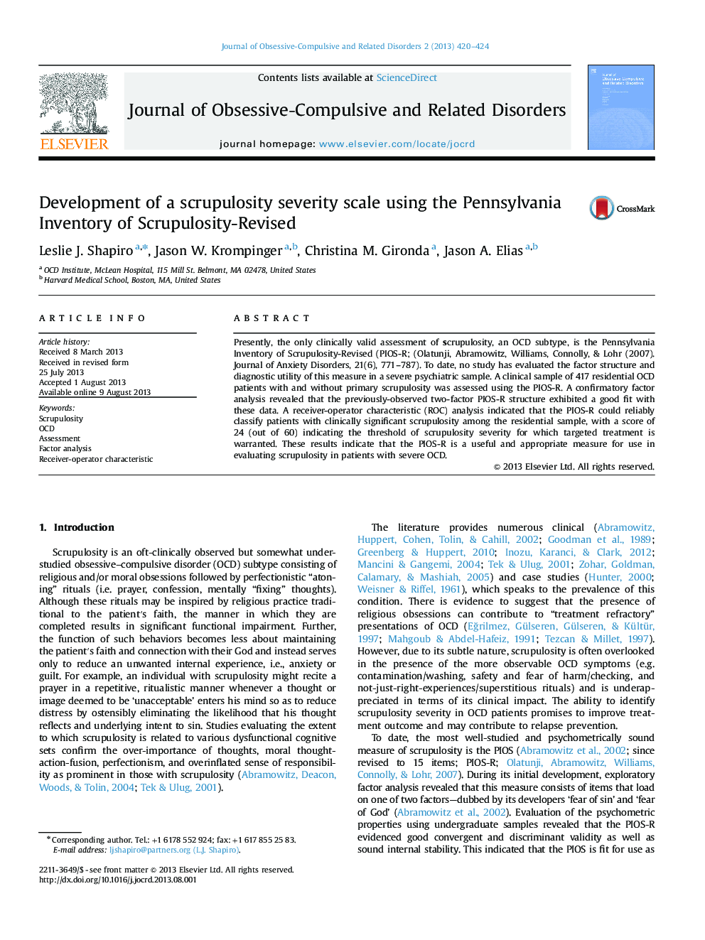 Development of a scrupulosity severity scale using the Pennsylvania Inventory of Scrupulosity-Revised